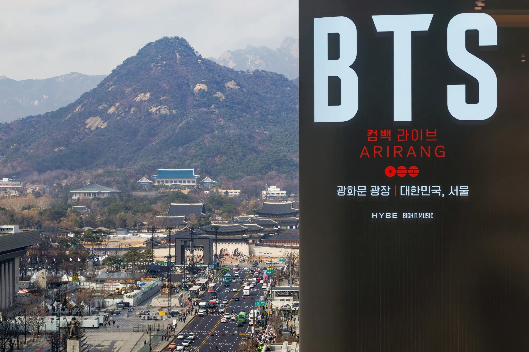 An advertisement for the “BTS The Comeback Live | Arirang” show in Seoul, South Korea, on Wednesday, March 18, 2026.