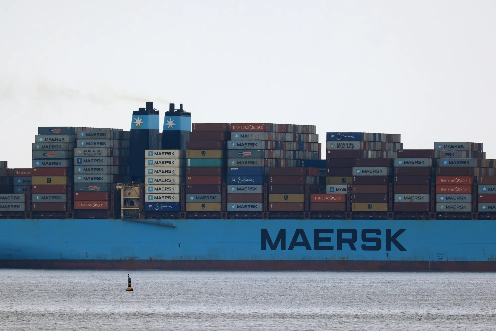 An A.P. Moller Maersk A/S container ship offshore from the Port of Wilhelmshaven in Wilhelmshaven, Germany.