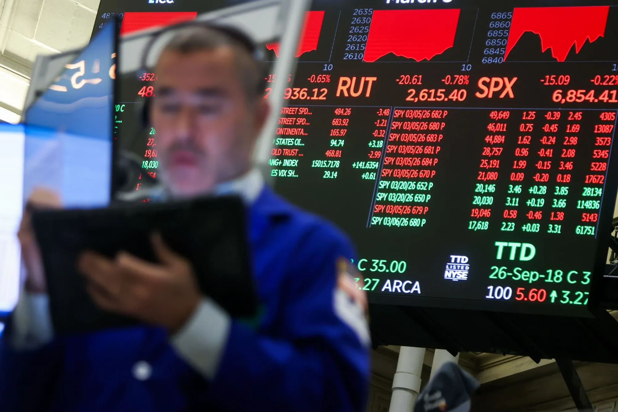 Traders At The New York Stock Exchange As Stocks Fall As Oil Surge Boosts Treasury Yields