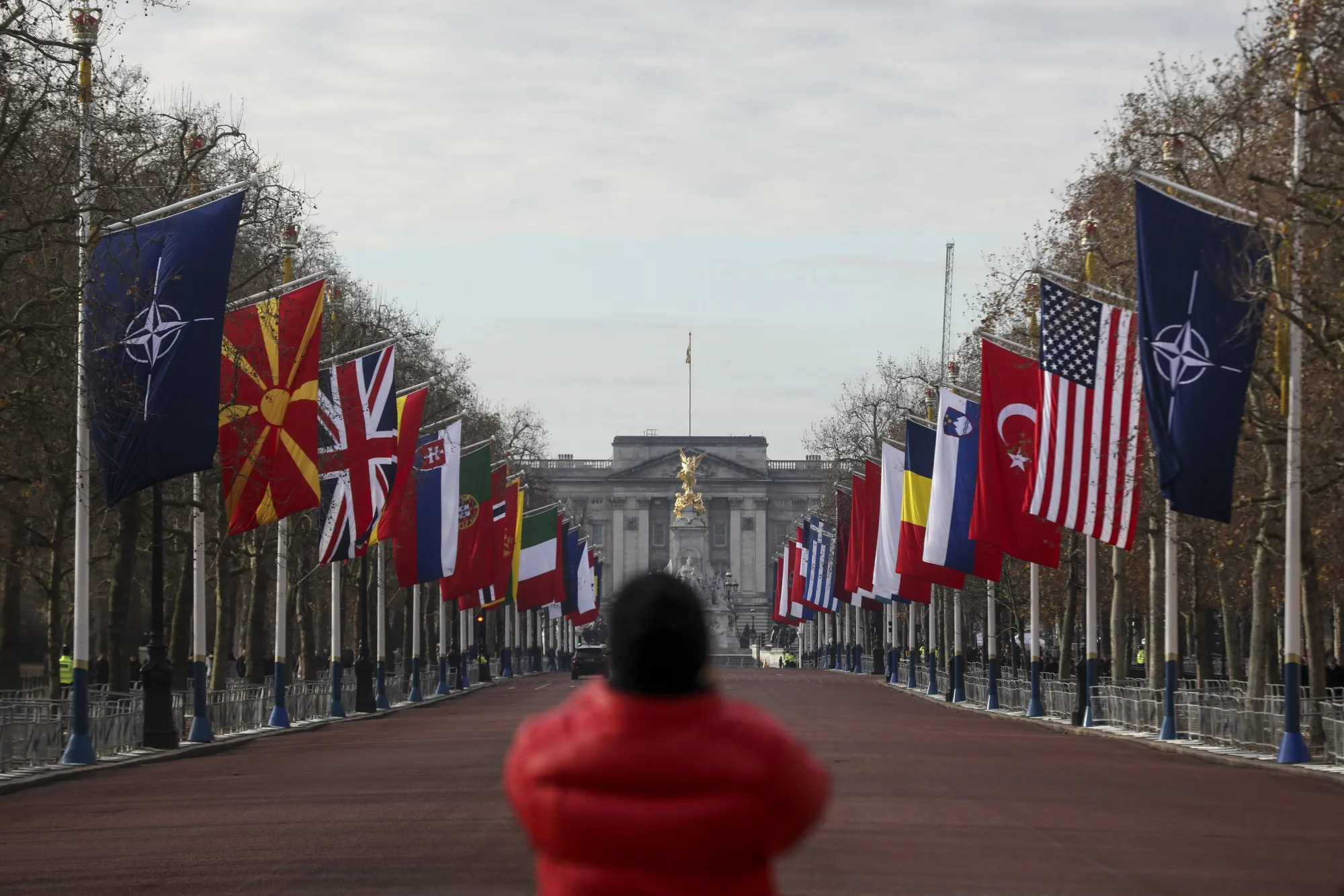 NATO and national flags of member countries in fly in London on Dec. 3, 2019.&nbsp;