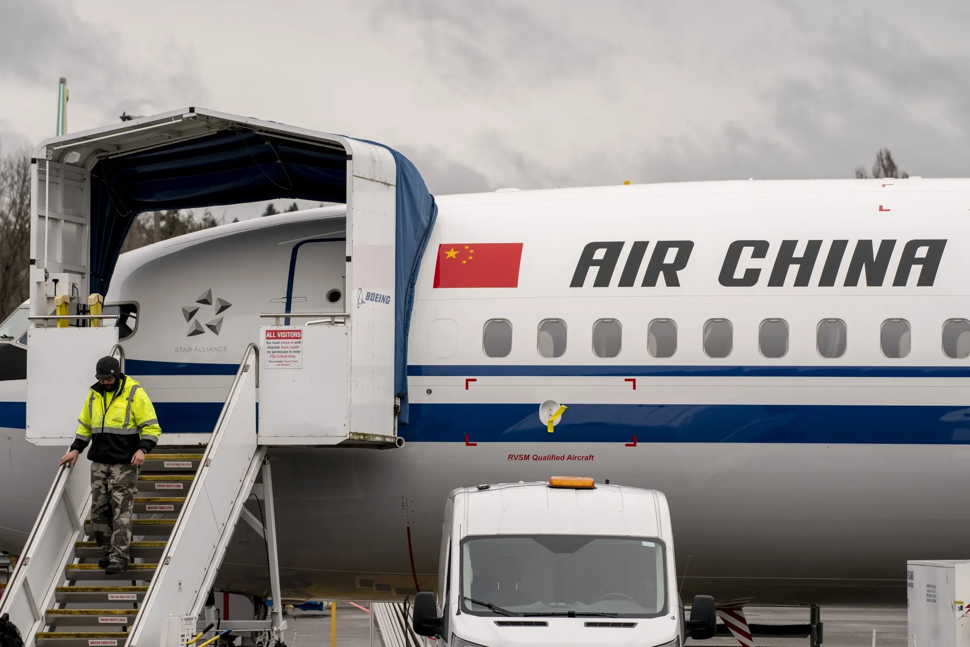 A Boeing Co. 737 Max airplane, destined for Air China Limited, outside the company's manufacturing facility in Renton, Washington.