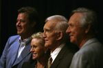 Tammy Genovese, second left, Country Music Association Chief Operating Officer, poses for a photo with Vince Gill, left, Ralph Emery and Mel Tillis, right, Tuesday, Aug. 7, 2007, in Nashville, Tenn., after it was announced that the three men will be inducted into the Country Music Hall of Fame. Emery, who became known as the dean of country music broadcasters over more than a half-century in both radio and television, died Saturday, Jan. 15, 2022, his family said. He was 88. (AP Photo/Jeff Adkins, File)