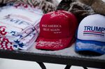Hats and t-shirts promoting Donald Trump for sale in Ames, Iowa in 2016.