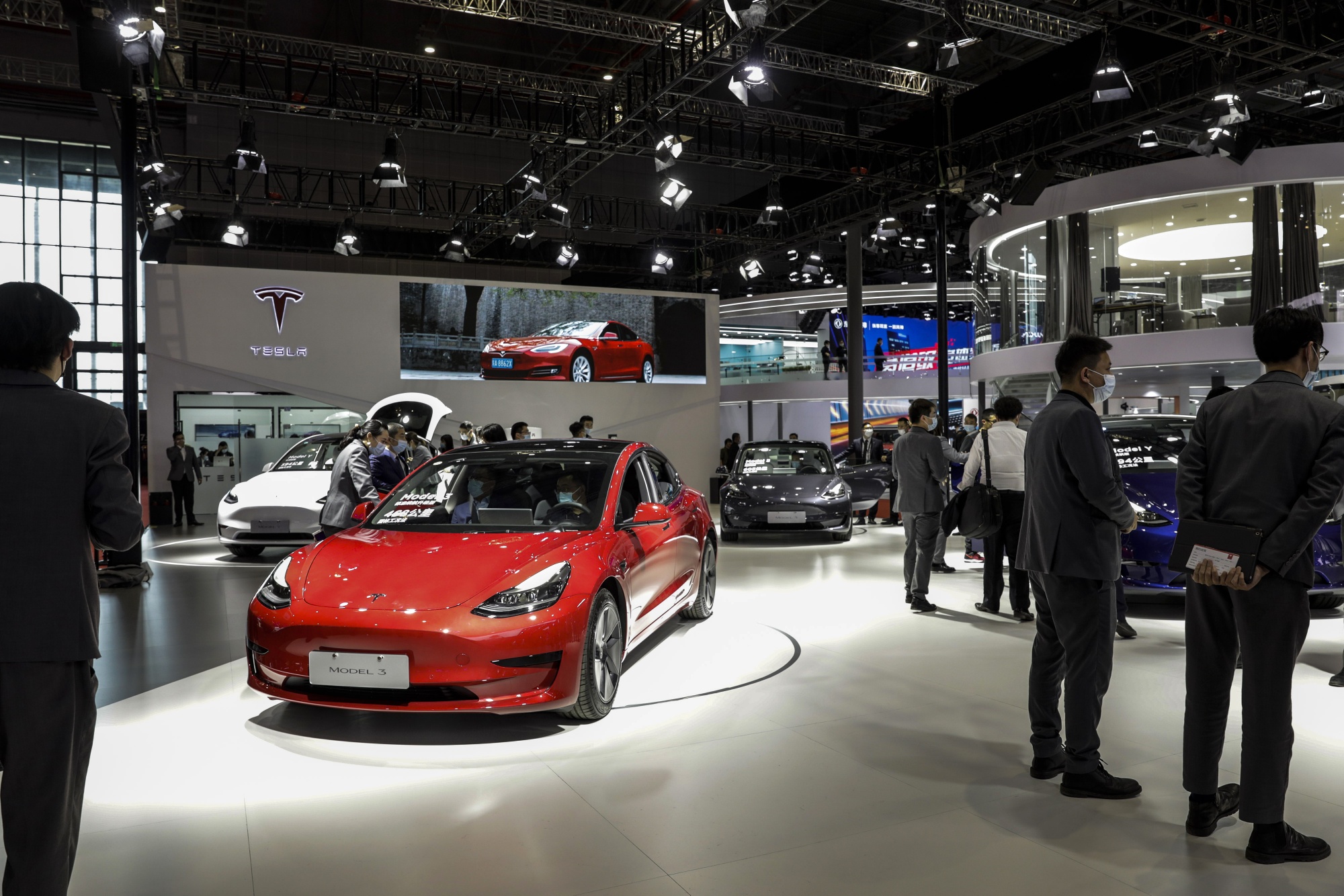 Chinese-made Tesla Inc. electric vehicles at the Auto Shanghai 2021 show on April 19. 