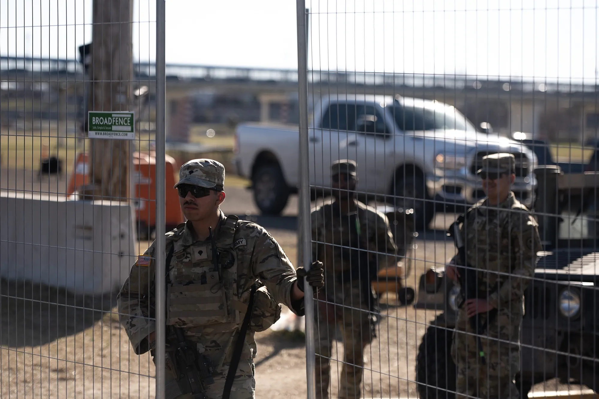 Members of the National Guard at an entrance to Shelby Park along the Rio Grande River in Eagle Pass, Texas, US, on Sunday, Feb. 4, 2024.