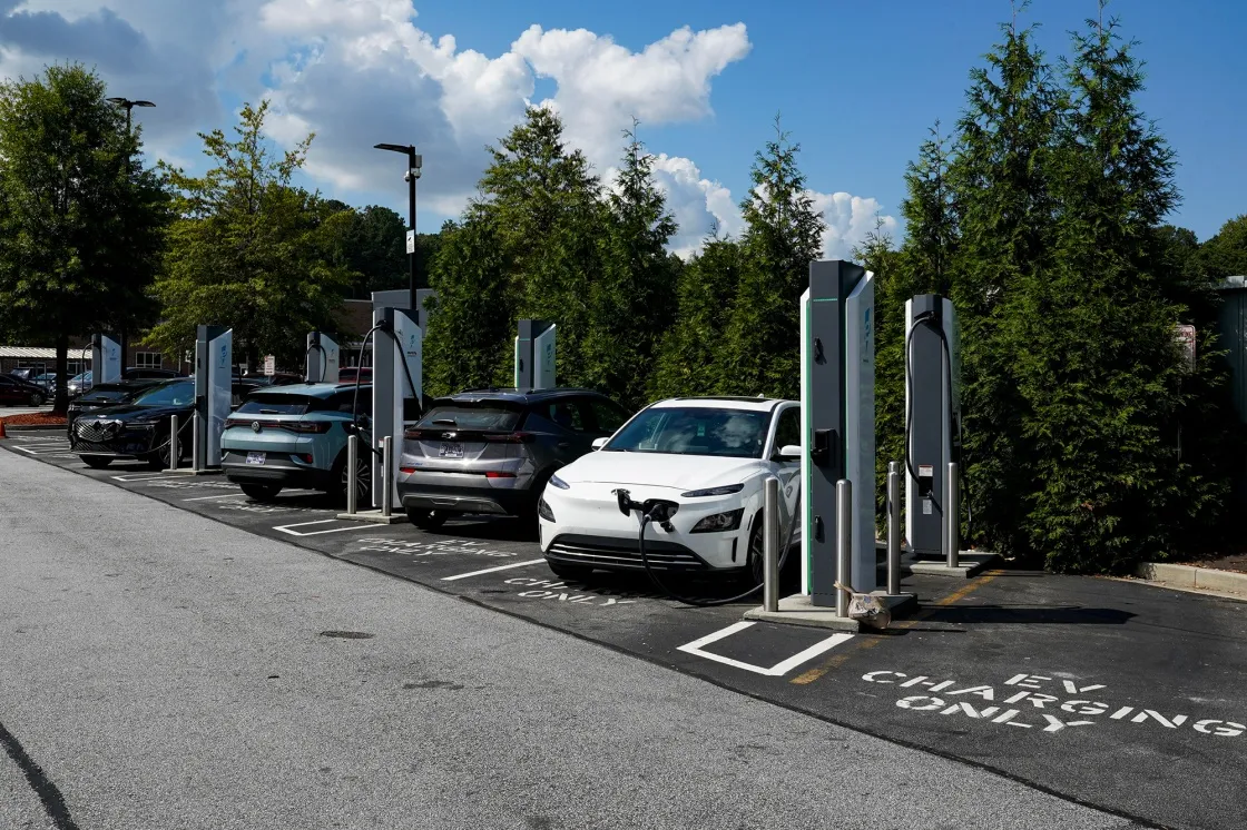 Electric vehicles at a&nbsp;charging station in Atlanta.