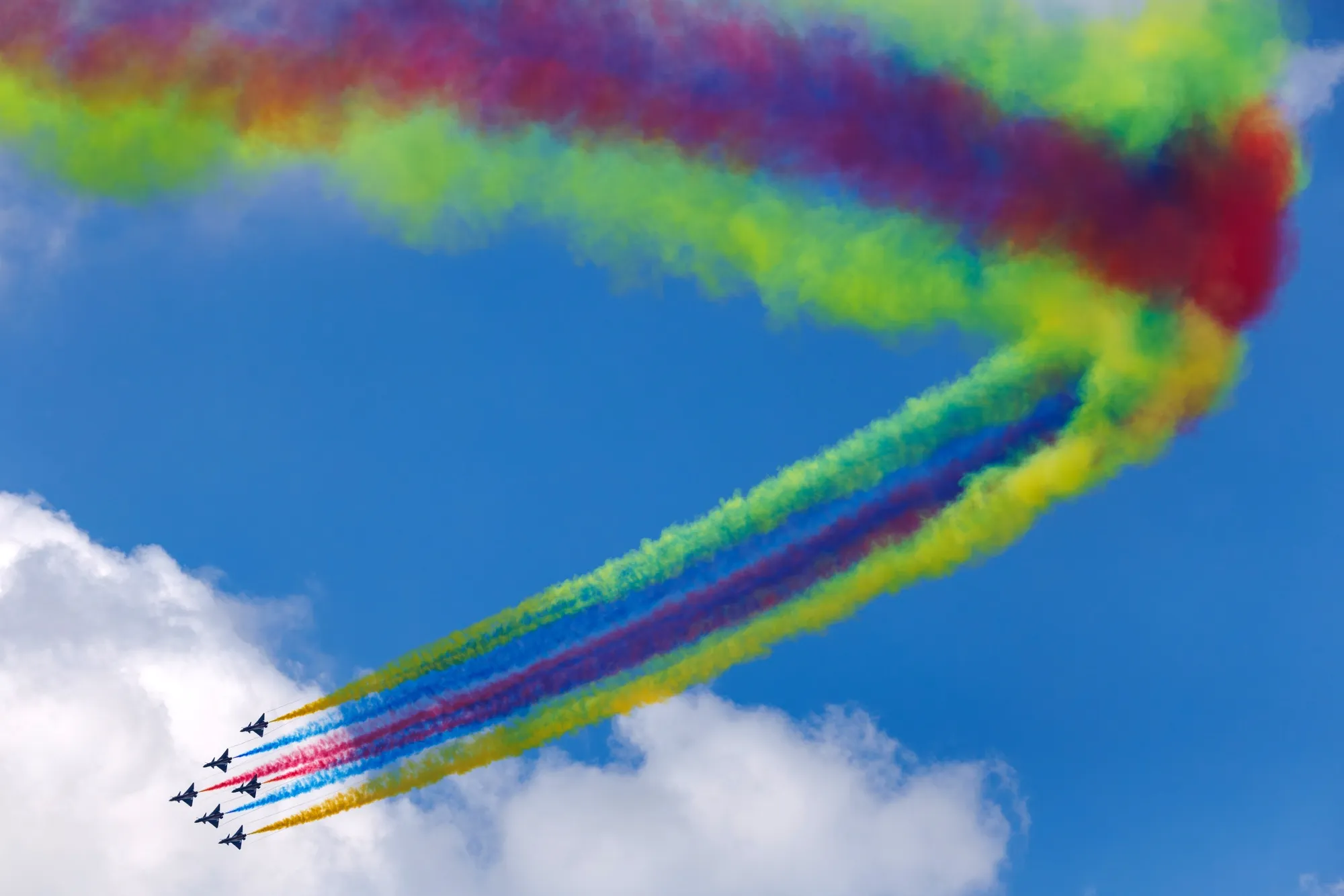 The PLA Air Force's Bayi aerobatic team performs during a flying display at the Singapore Airshow on Tuesday, Feb. 3.