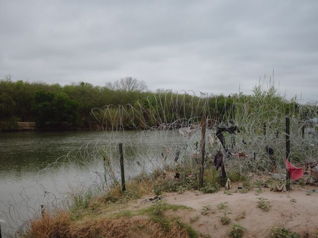 Razor wire along the Rio Grande.