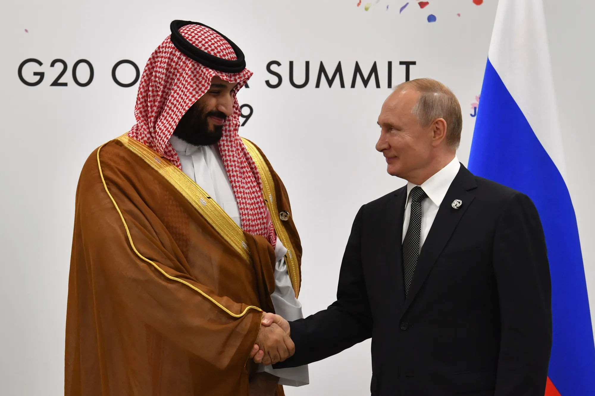 Vladimir Putin with Mohammed bin Salman in Osaka on June 29.