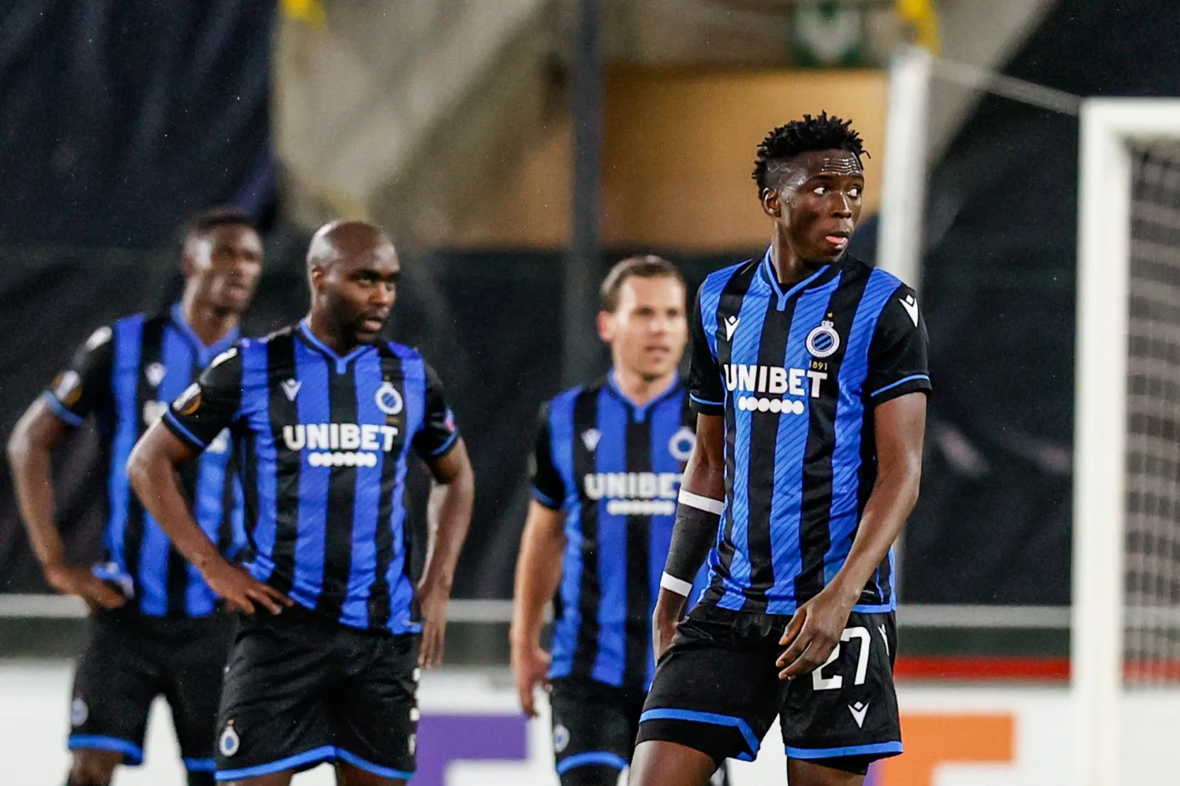 Club Brugge's team players react during UEFA Europa League round&nbsp; Club Brugge KV and FC Dynamo Kyiv, in Bruges, on Feb. 25.