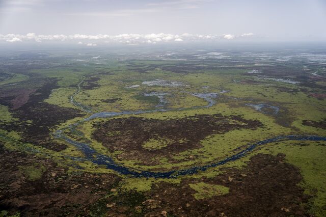 The marshes and floodplains of the Sudd wetlands surrounding Koch County, seen from a flight approaching Koch. Acting as a natural sponge, the wetlands help stabilize water flow to the White Nile and purify it by filtering out pollutants and sediments — functioning like a giant kidney for the region