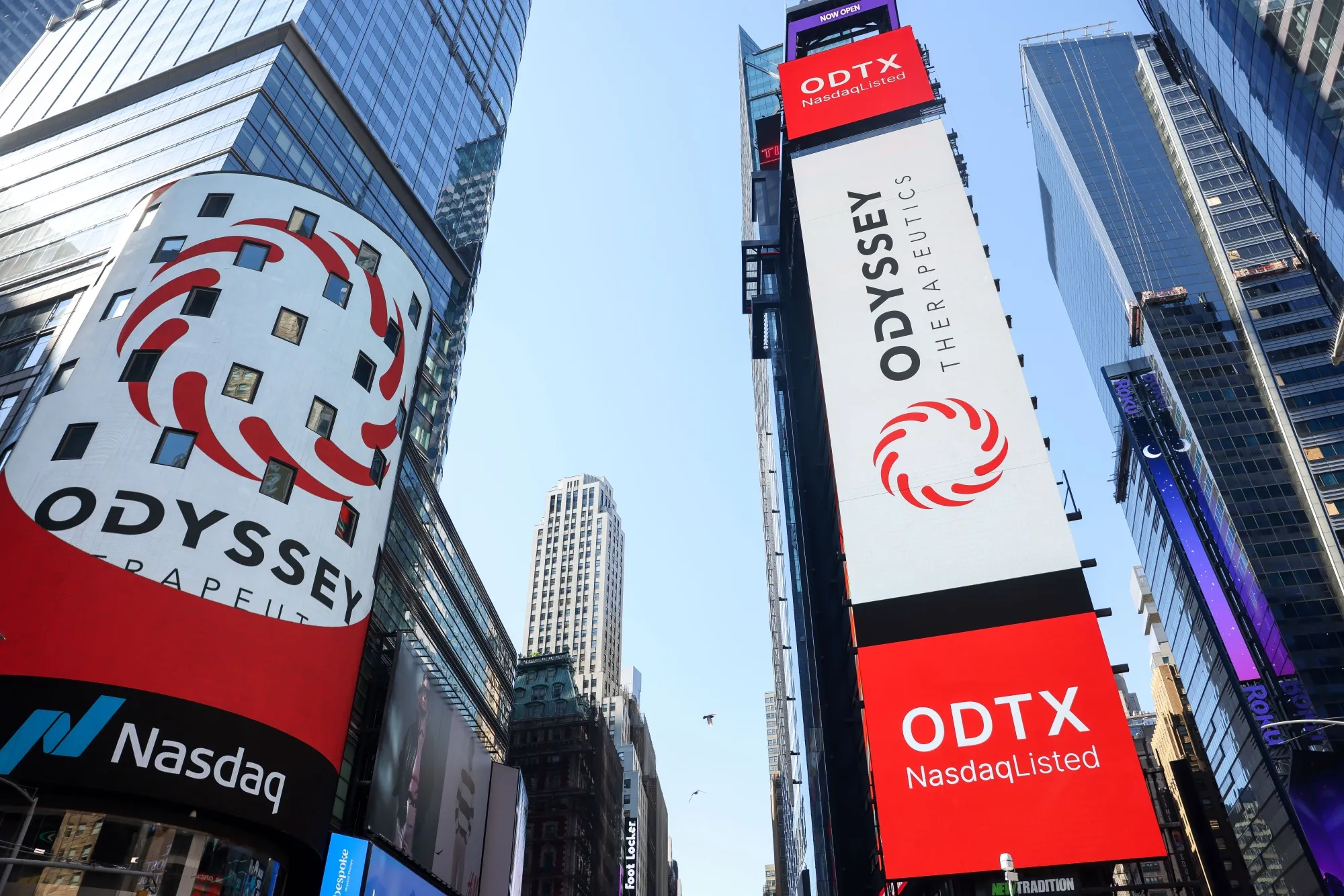 Odyssey Therapeutics Inc. signage during the company's IPO at the Nasdaq MarketSite in New York.