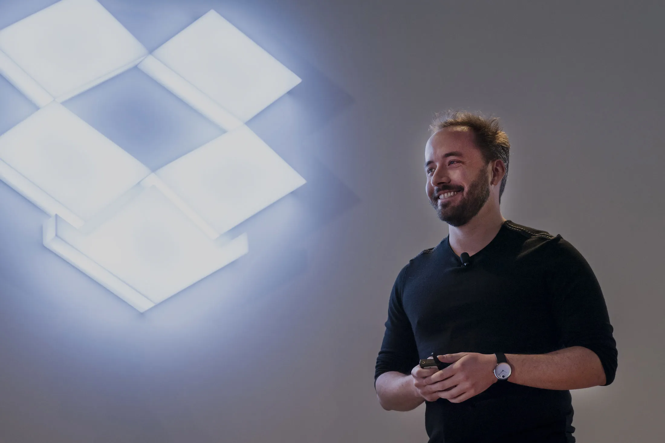 Drew Houston, chief executive officer and co-founder of Dropbox Inc., while speaking during an event in San Francisco, California.