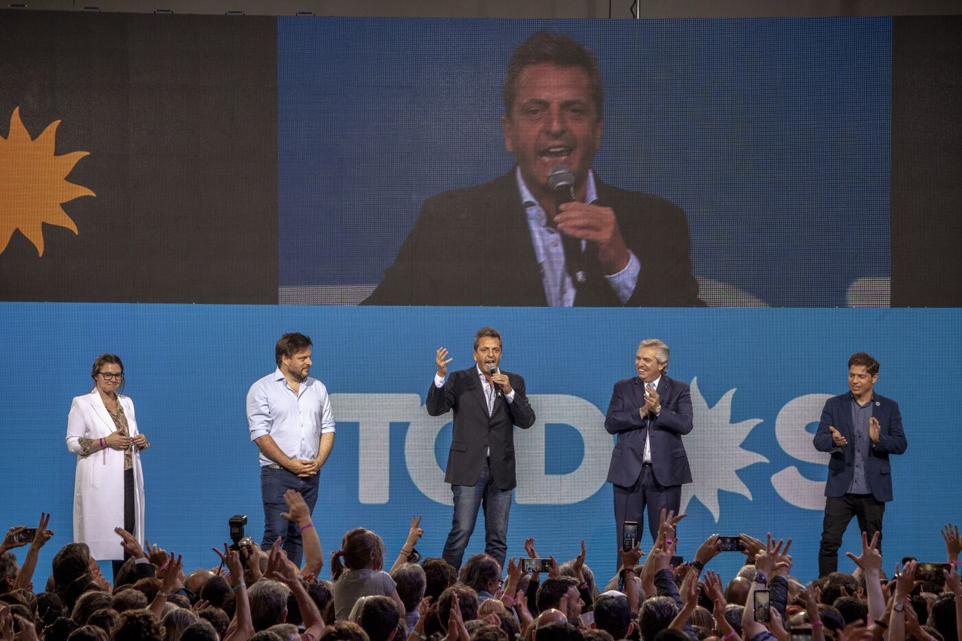 Sergio Massa, Congress' Lower House President, center, speaks during an election night rally at the Frente de Todos party headquarters in Buenos Aires, Argentina, on Sunday, Nov. 14, 2021.