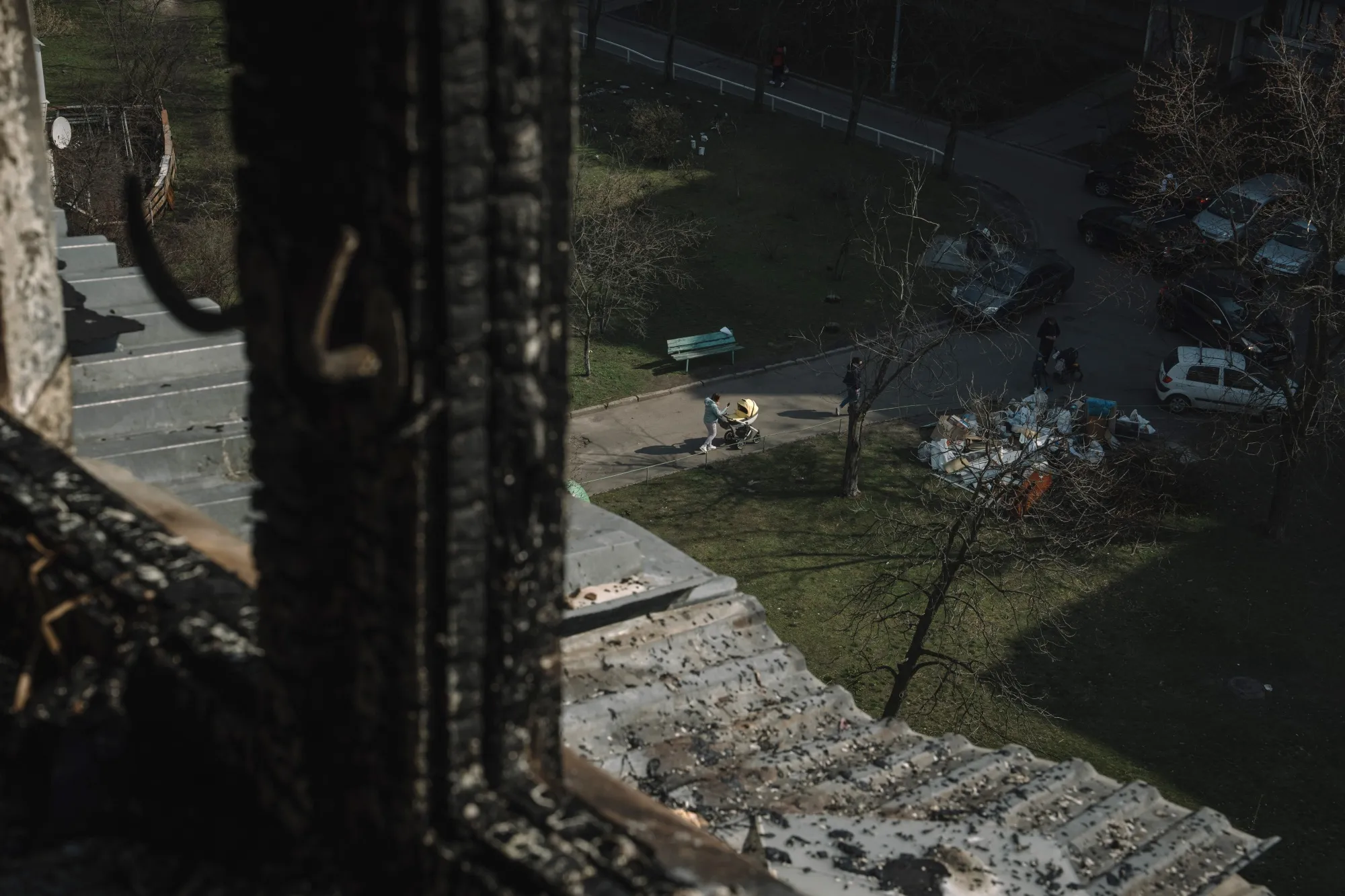A burned out apartment in a residential high rise building following a Russian&nbsp;drone strike in Kyiv in&nbsp;March.