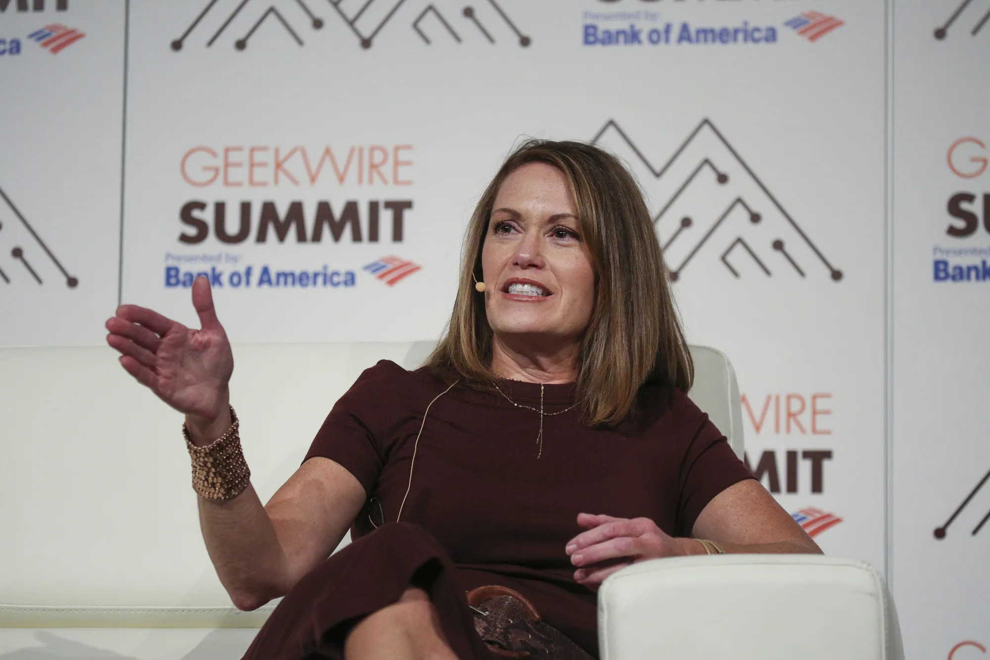 Margaret "Peggy" Johnson, executive vice president of business development at Microsoft Corp., speaks during the GeekWire Summit in Seattle on Oct. 4, 2016.