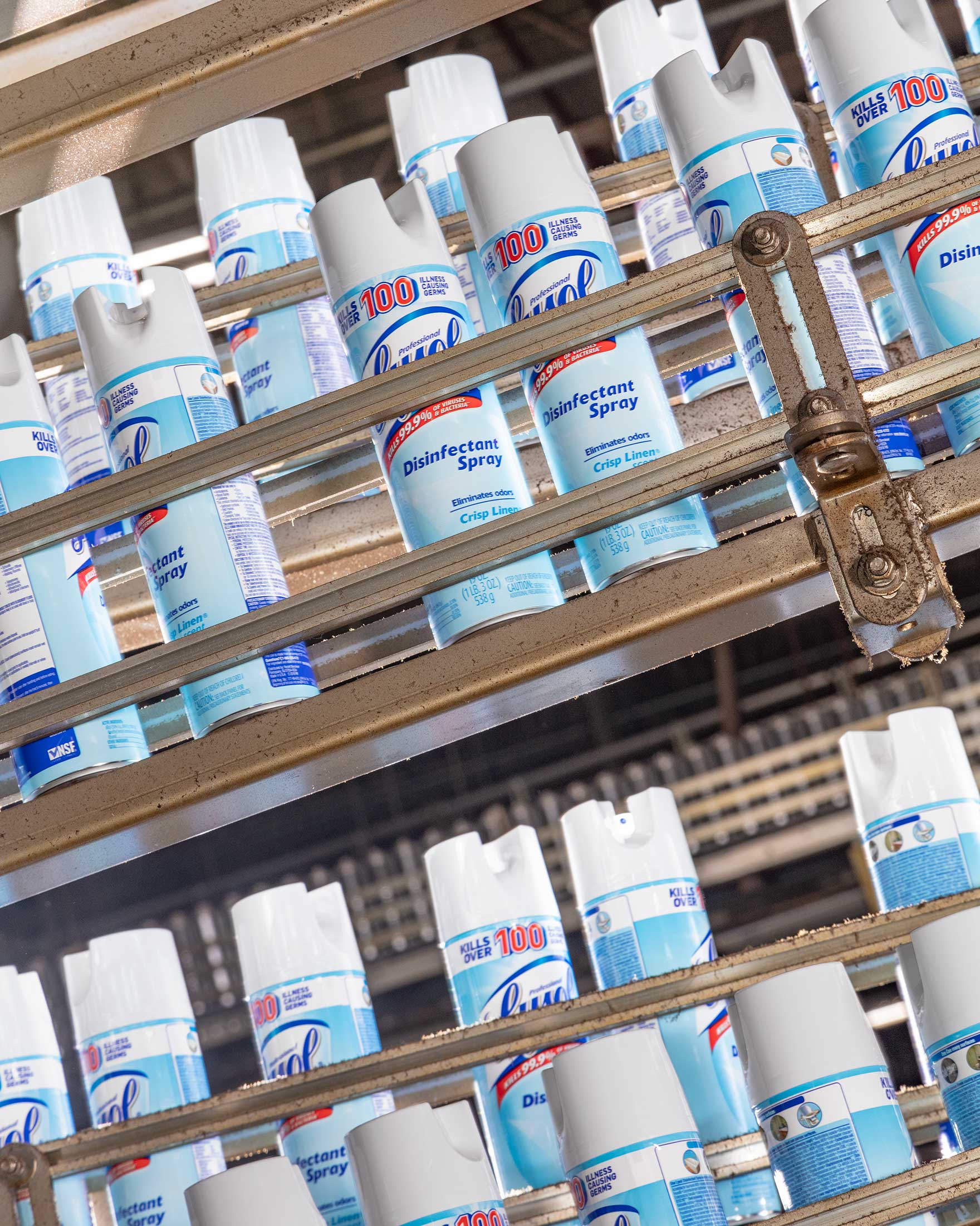 A wall of Lysol at a New Jersey factory.