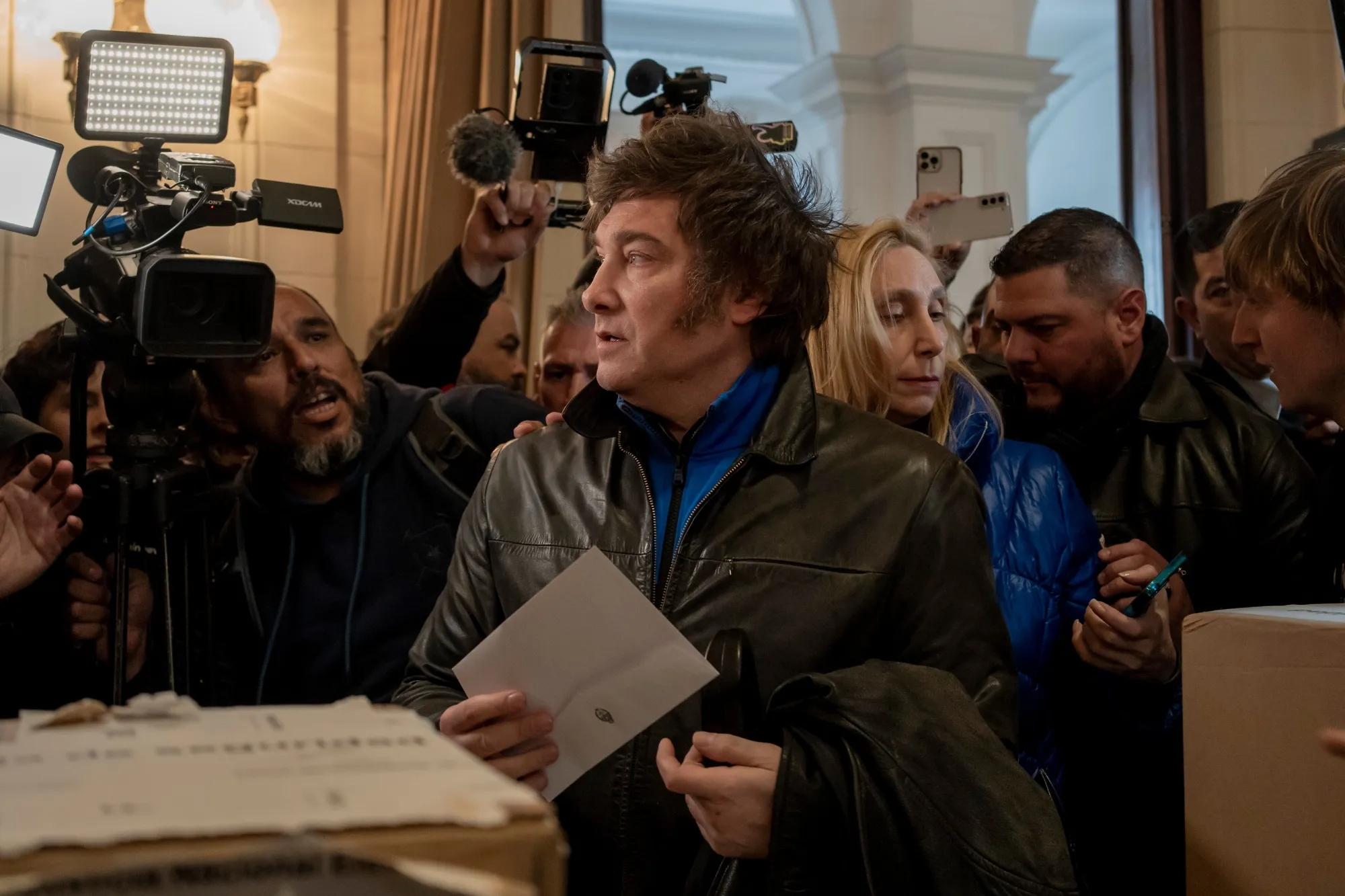Javier Milei at a polling station during the national primary election in Buenos Aires, on Aug. 13.&nbsp;