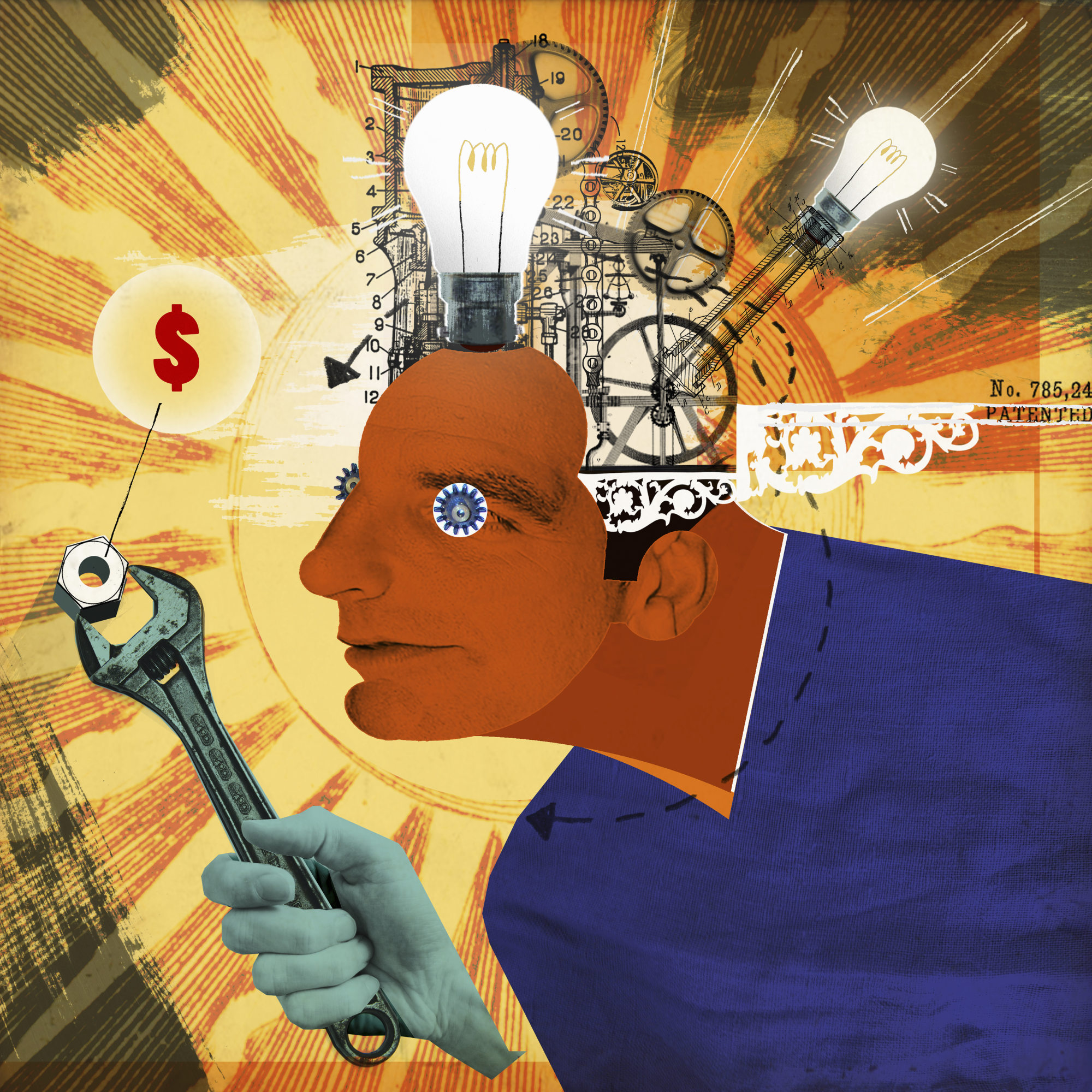 Light bulbs and cogs inside of head of man adjusting dollar sign with wrench