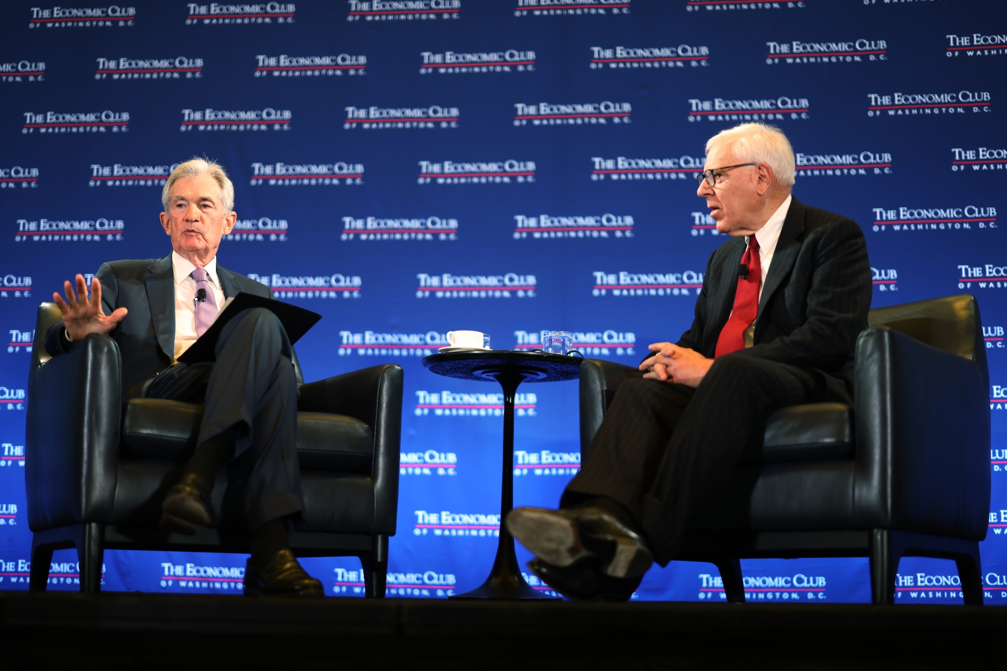 Jerome Powell&nbsp;and David Rubenstein during an Economic Club of Washington event in Washington, DC on July 15.