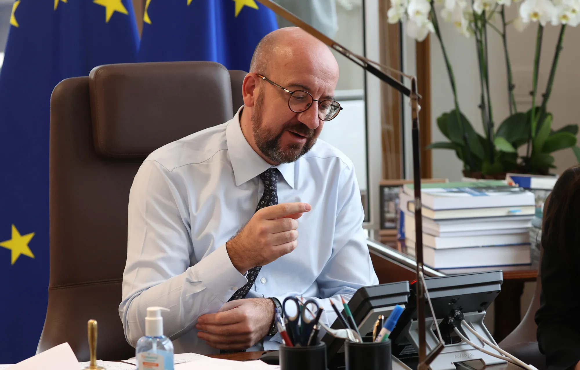 Charles Michel speaks with Xi Jinping during a phone call, in&nbsp;Brussels, on Oct. 15.