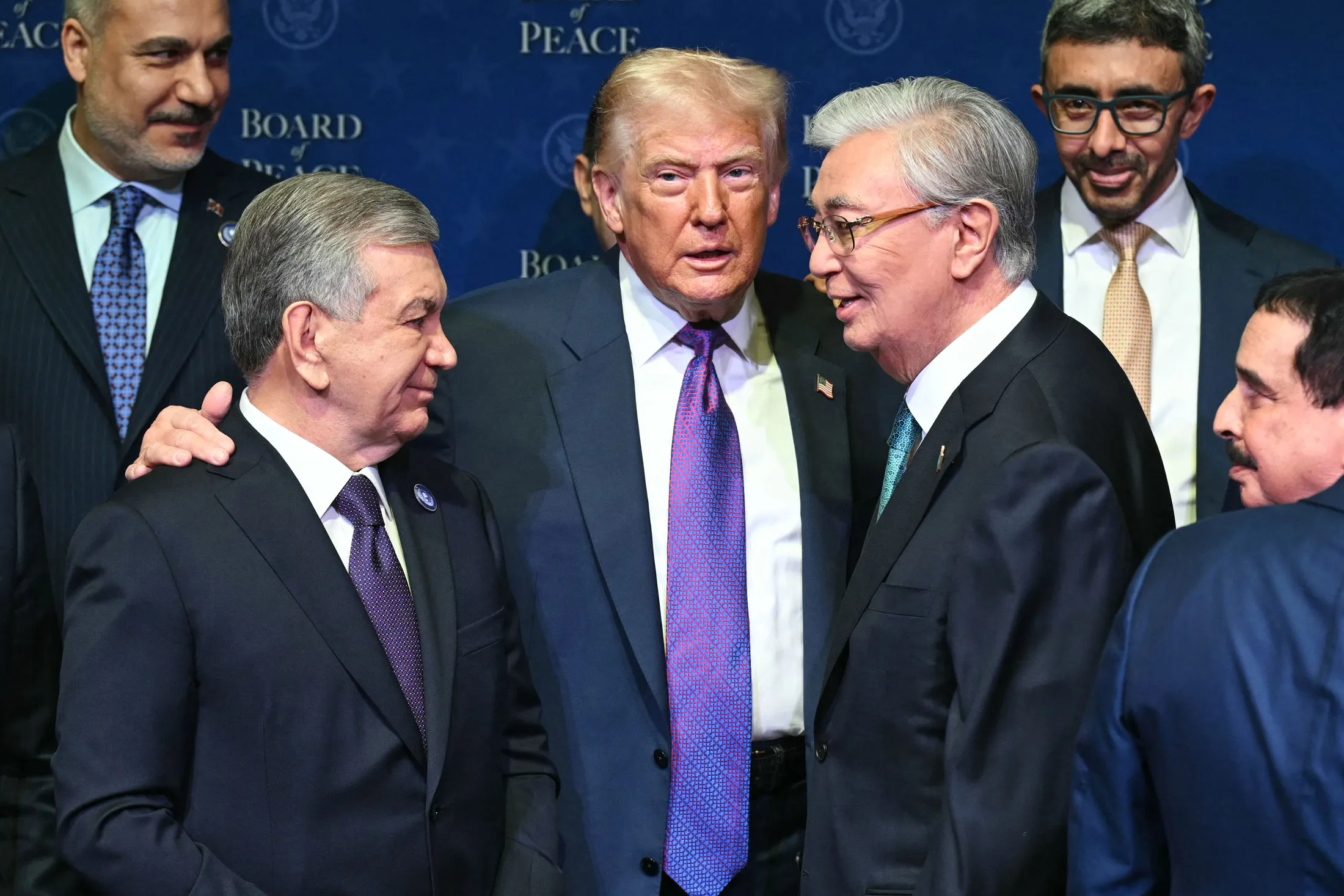 Donald Trump, center, Kazakhstan President Kassym-Jomart Tokayev, right, and Uzbek President Shavkat Mirziyoyev, in February.