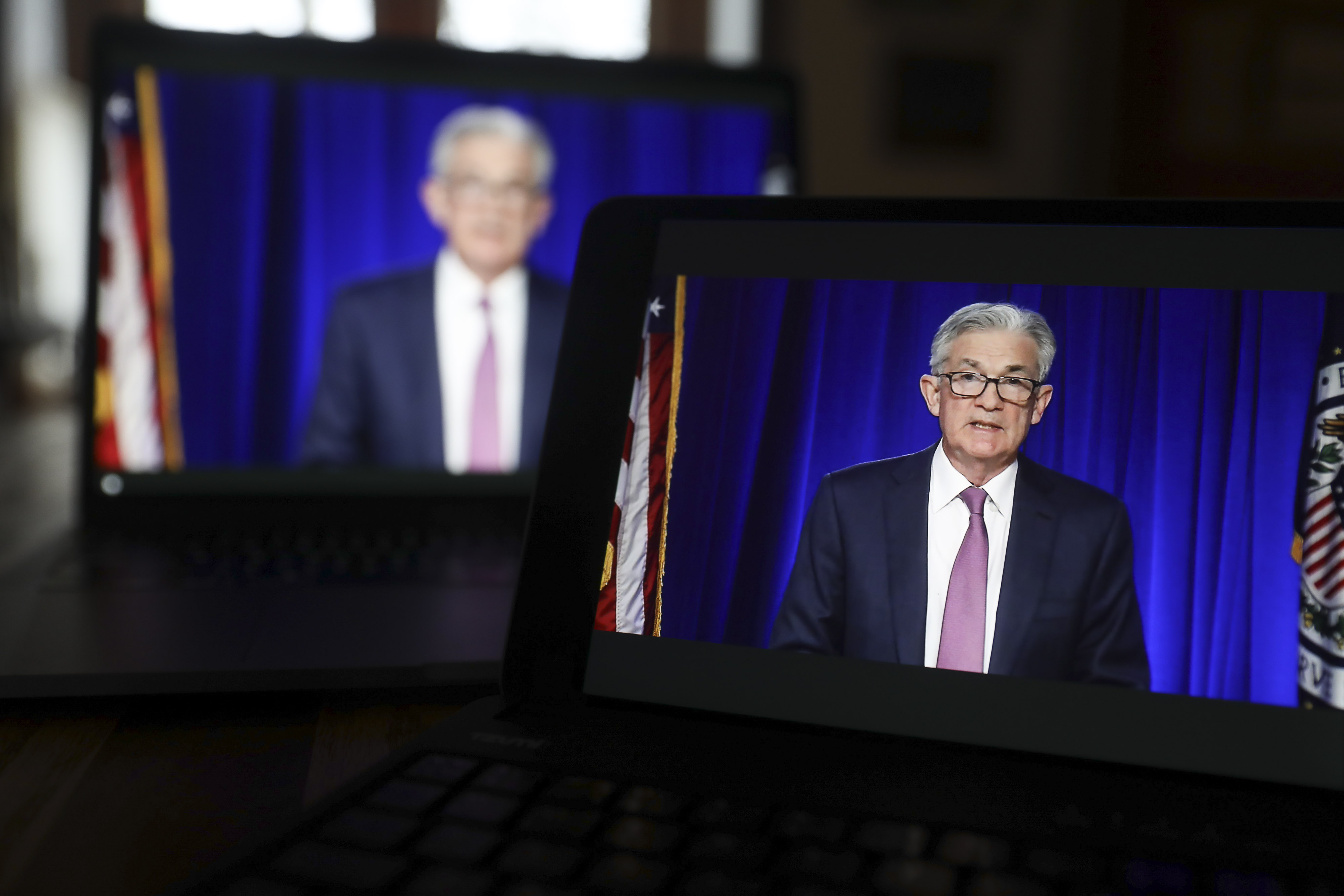 Jerome Powell, chairman of the U.S. Federal Reserve, speaks during a virtual news conference in Tiskilwa, Illinois, U.S., on Wednesday, Dec. 16, 2020.&nbsp;
