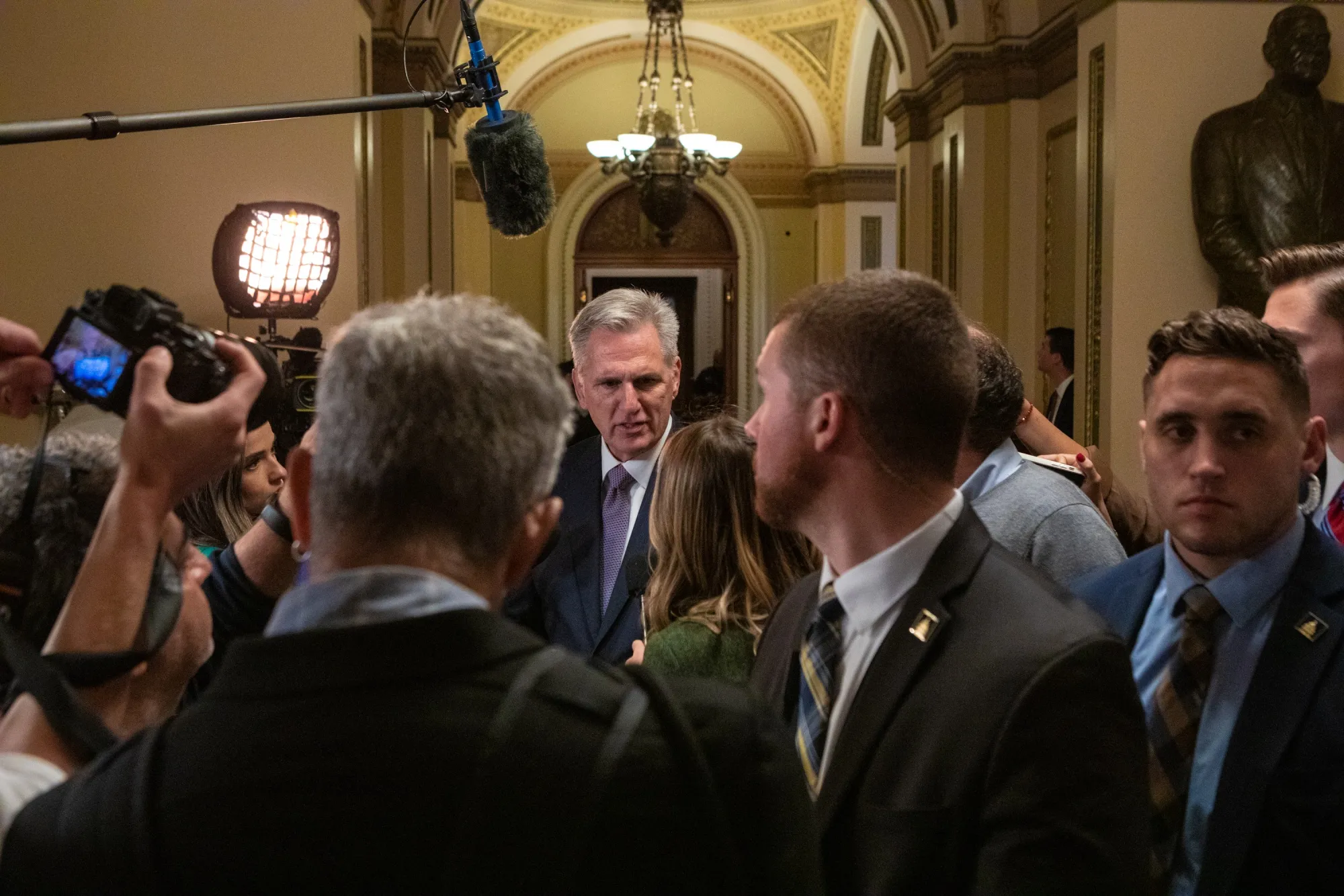 Kevin McCarthy speaks to reporters at the US Capitol on Saturday.