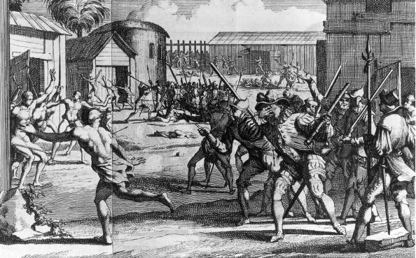 An engraving shows Hernando de Soto entering Mabila.

