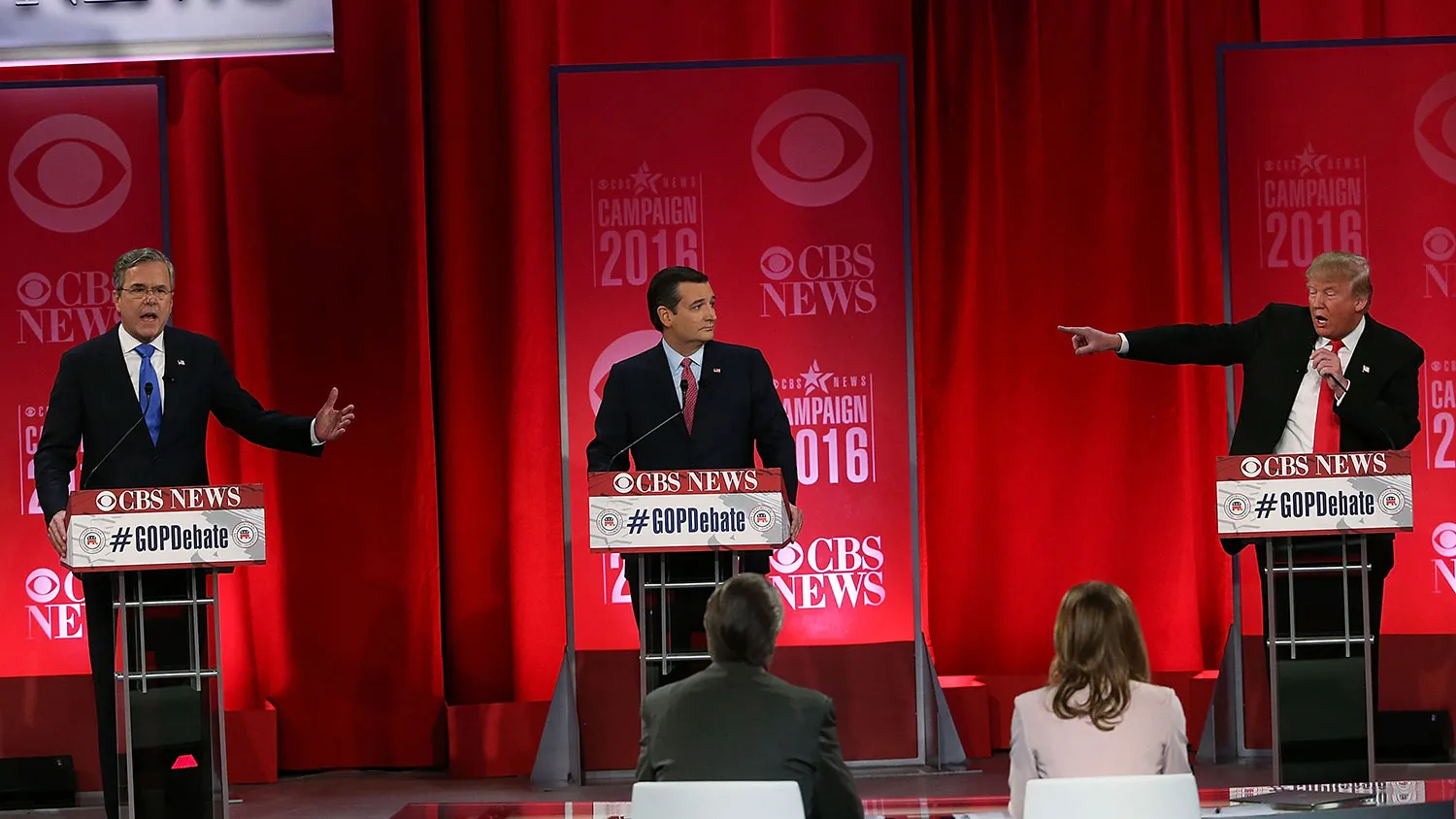 Republican presidential candidates Jeb Bush, Ted Cruz, and Donald Trump participate in a CBS News debate on Feb. 13, 2016, at the Peace Center in Greenville, South Carolina.

