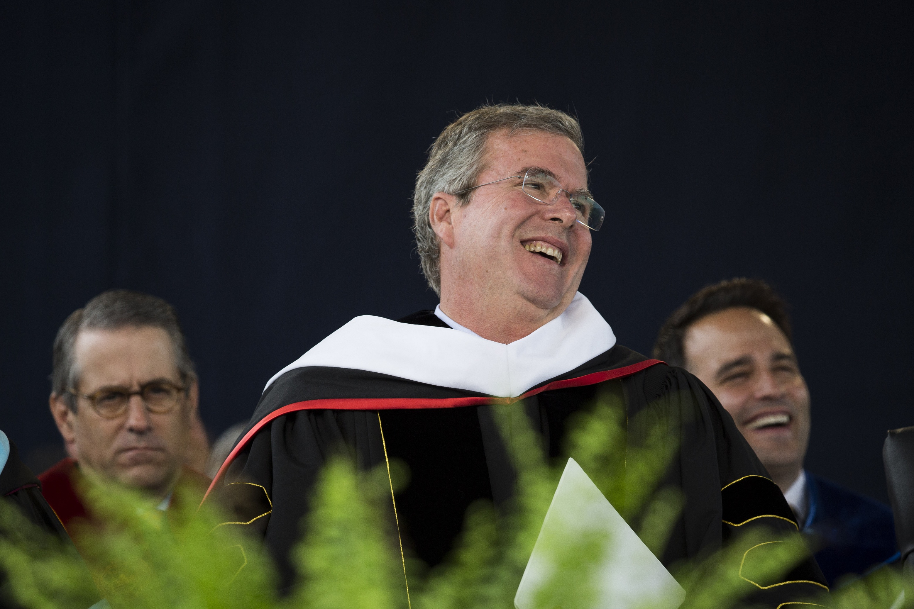 LYNCHBURG, VA - MAY 9 Republican U.S. presidential hopeful and former Florida governor Jeb Bush delivers the commencement address at Liberty University, at Williams Stadium on the campus of Liberty University, May 9, 2015 in Lynchburg, Virginia. In his remarks, Bush criticized the Obama administration for being "small minded and intolerant" of religious freedom. (Drew Angerer/Getty Images)
