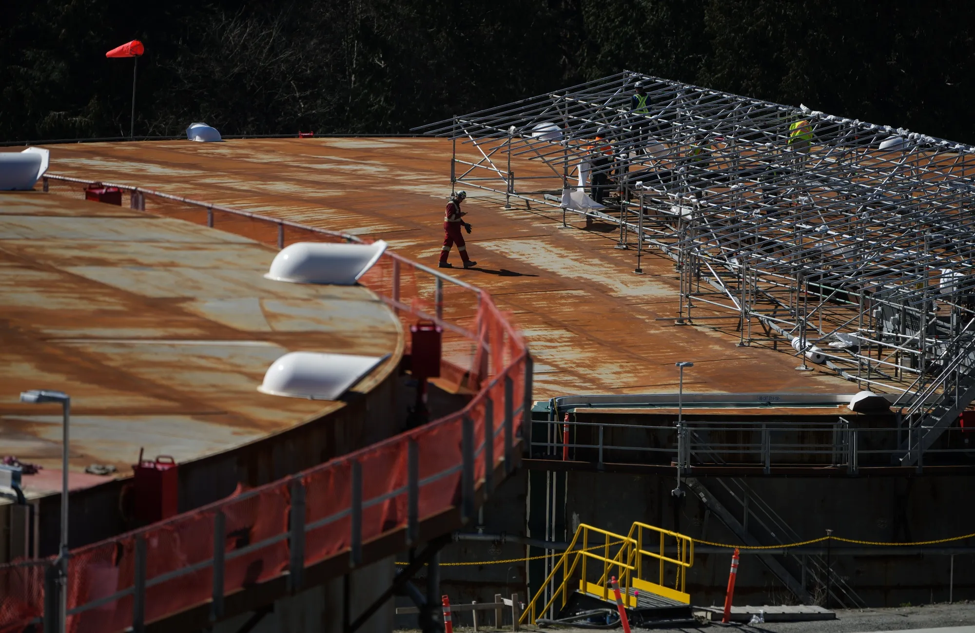 Construction on the Trans Mountain Pipeline expansion project at the Burnaby Terminal tank farm in Burnaby, British Columbia, Canada, on Monday, March 27, 2023.&nbsp; The delayed startup of the Canadian government-owned pipeline expansion project is weighing on the country’s heavy crude prices.