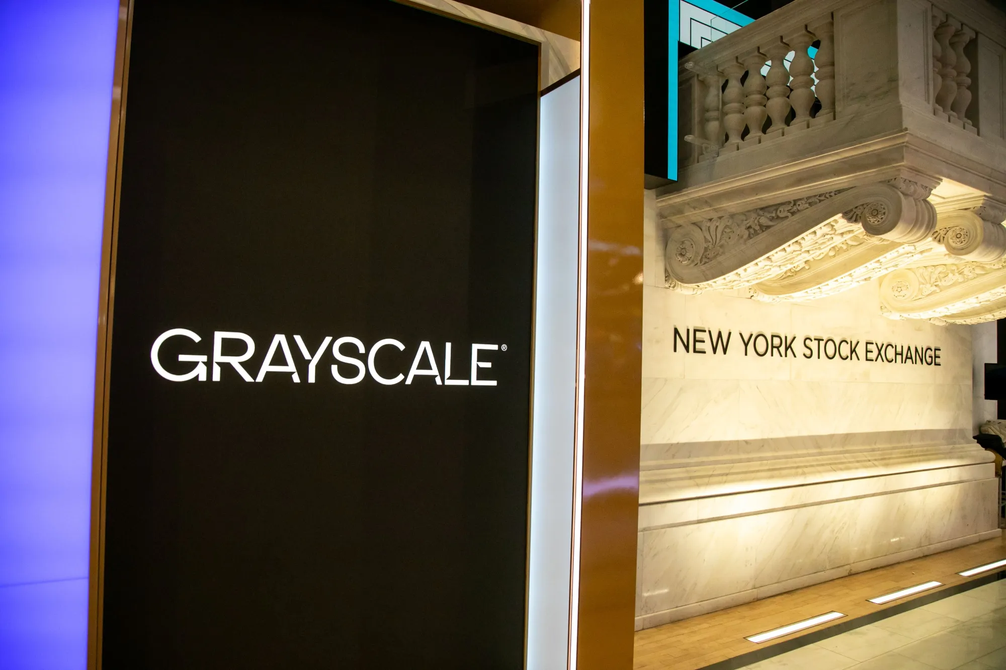 Grayscale Bitcoin Trust ETF&nbsp;signage on the floor of the New York Stock Exchange in January.