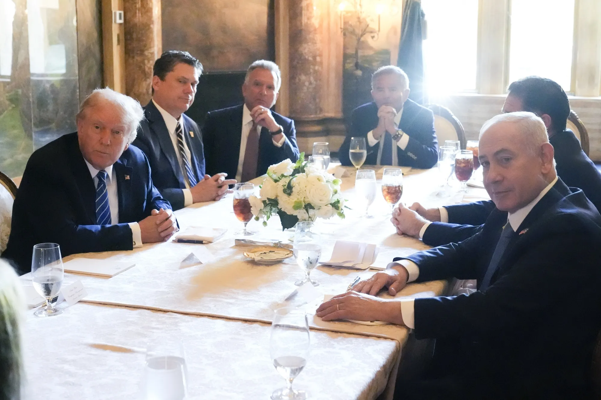 Donald Trump meets with&nbsp;Benjamin Netanyahu at his Mar-a-Lago estate in Palm Beach, Florida on July 26.