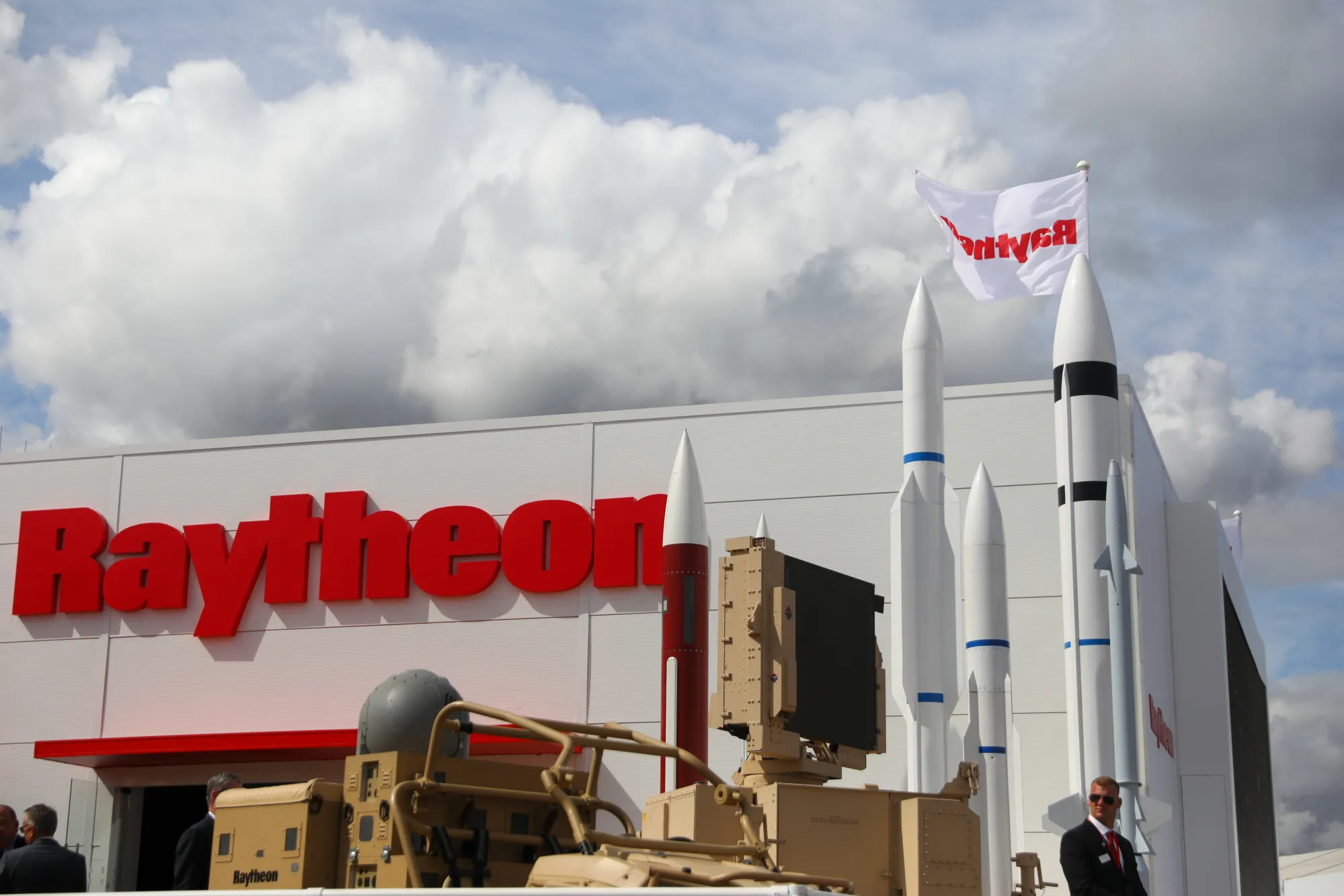 Displays of missiles stand at the Raytheon International Inc. chalet on day two of the Farnborough International Airshow 2018.