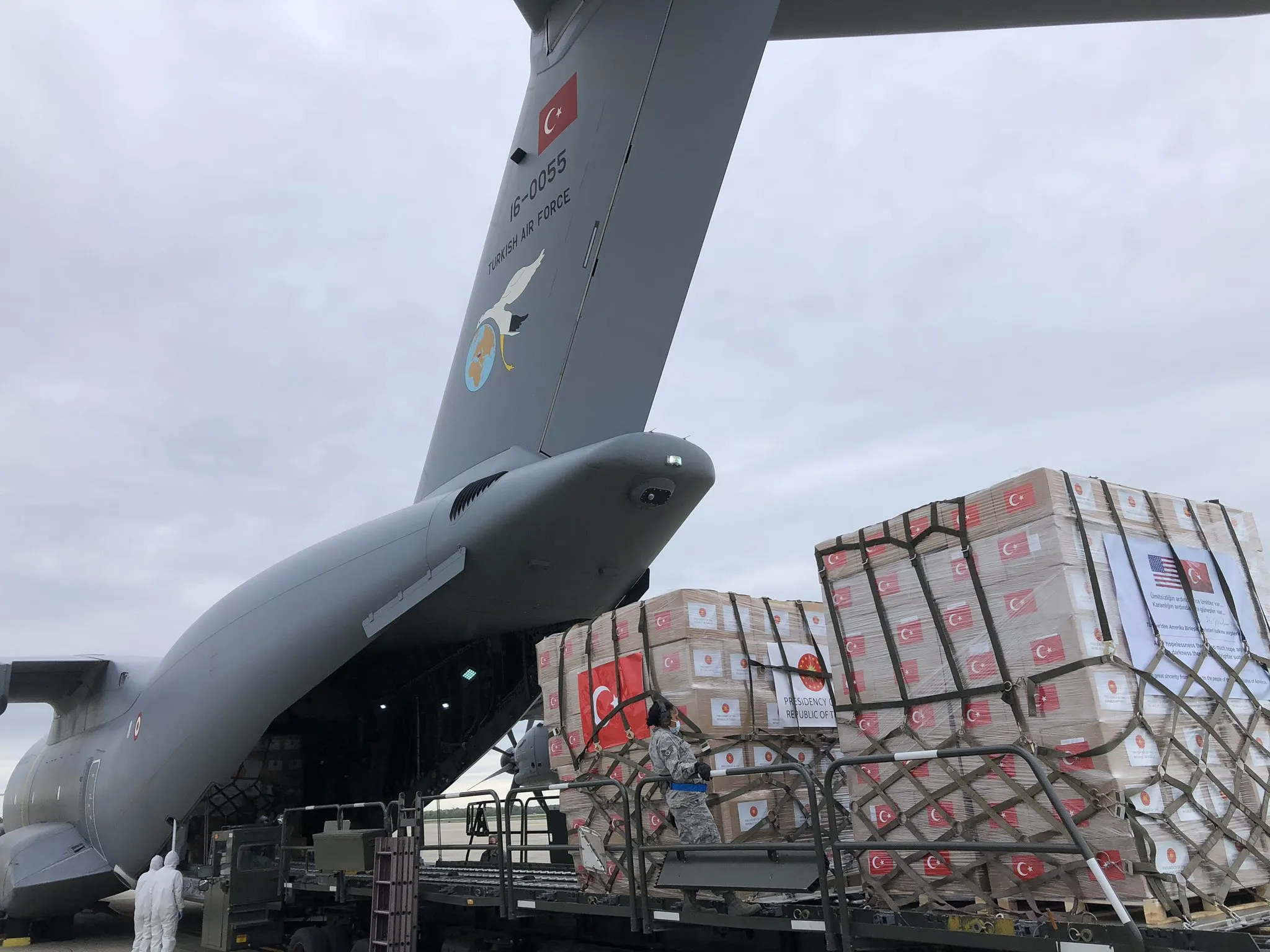 A Turkish Air Force transport aircraft unloads medical supplies at&nbsp;Andrews Air Force Base on April 28.