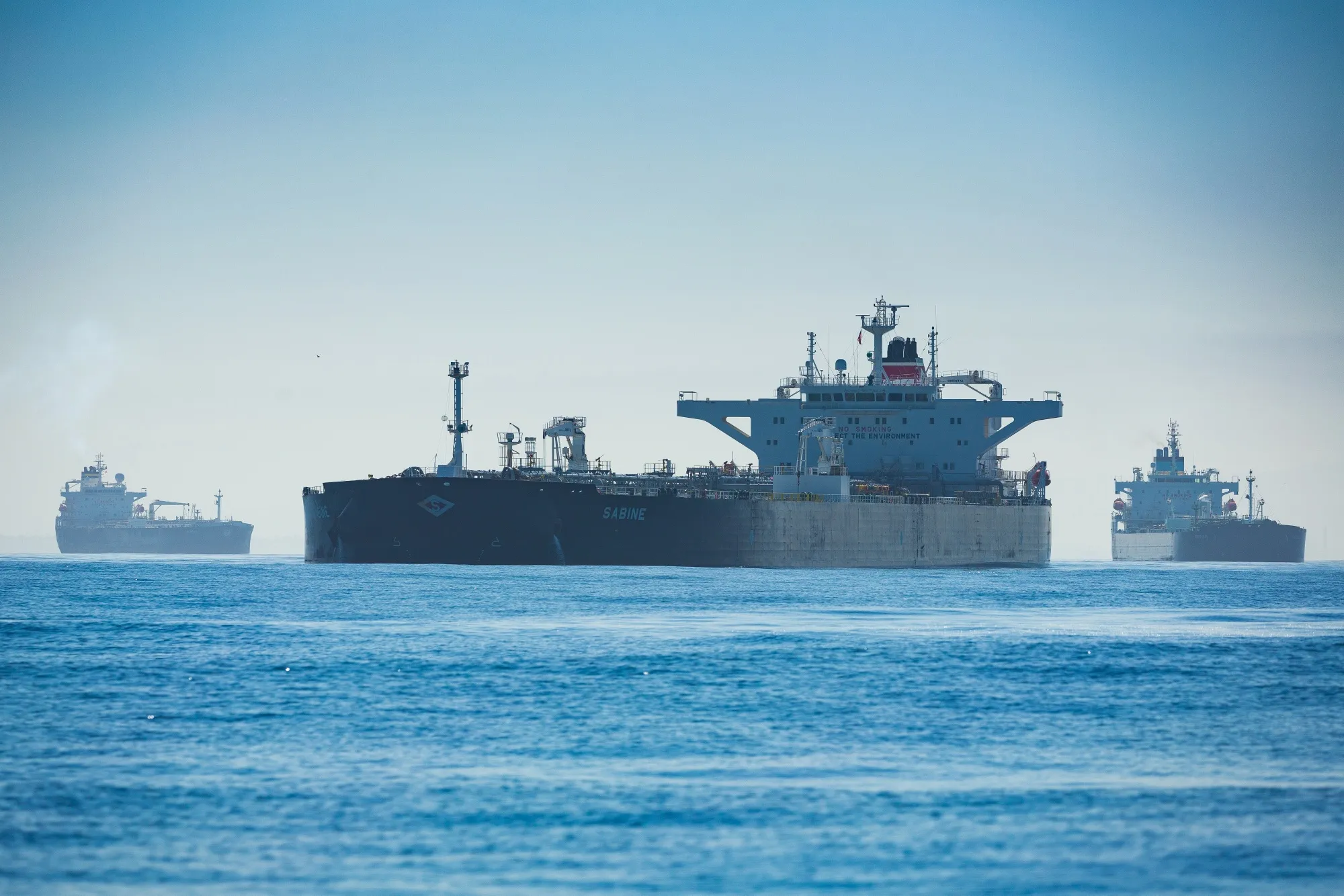 Oil tankers sit anchored off of Long Beach, California, on April 22.