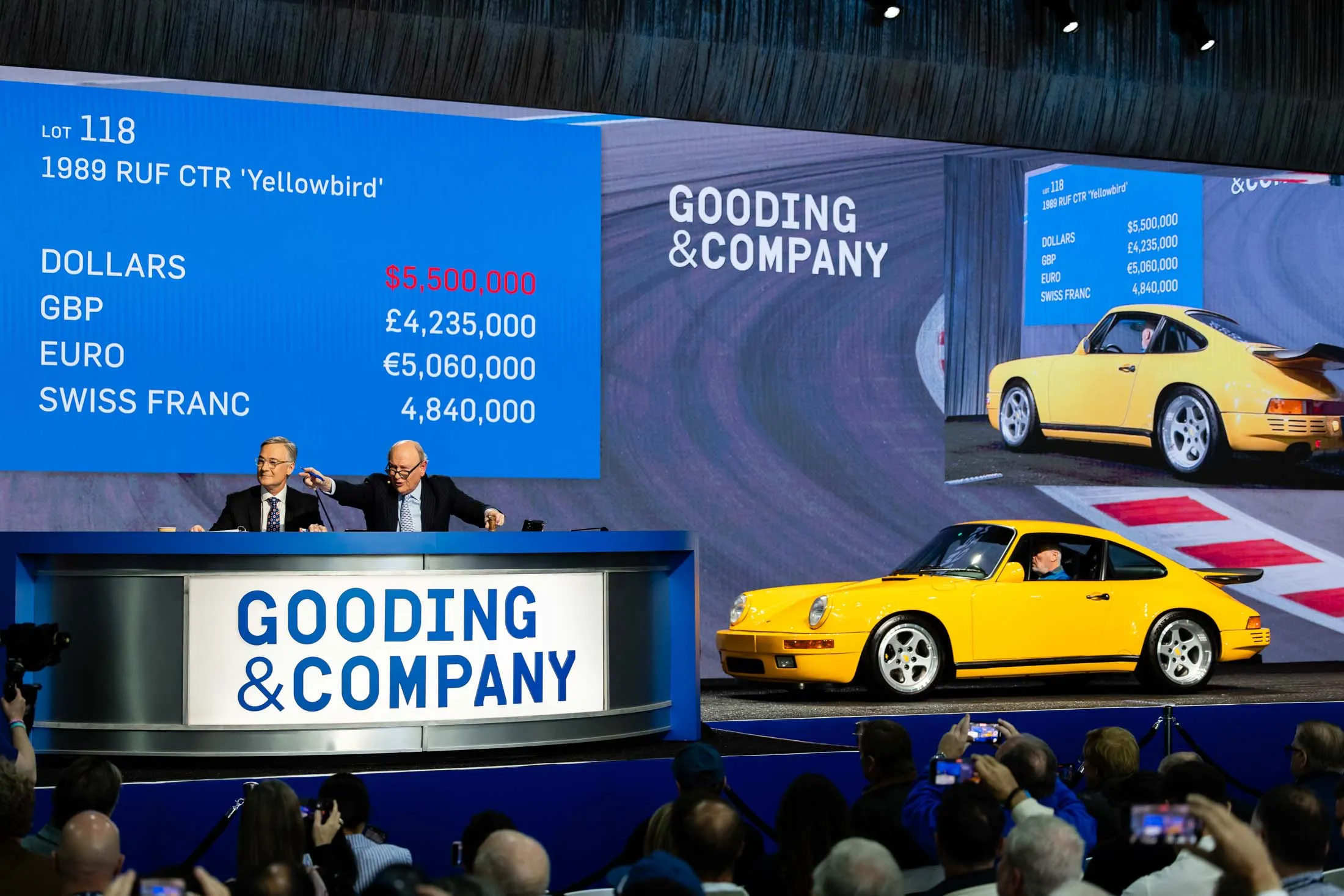 Gooding &amp; Co. auctioneers sell a 1989 RUF CTR “Yellowbird” car at the Amelia Concours d’Elegance in Florida earlier this year.&nbsp;