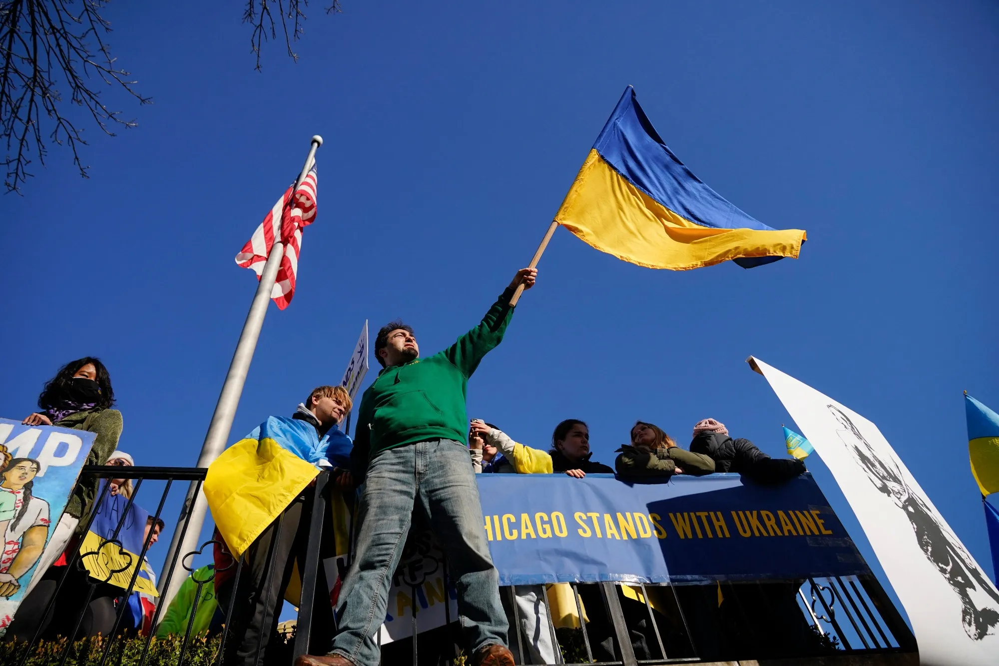 Demonstrators in Chicago protest against the Russian invasion of Ukraine in front of Saints Volodymyr and Olha Ukrainian Church on Feb. 27.&nbsp; 2022.