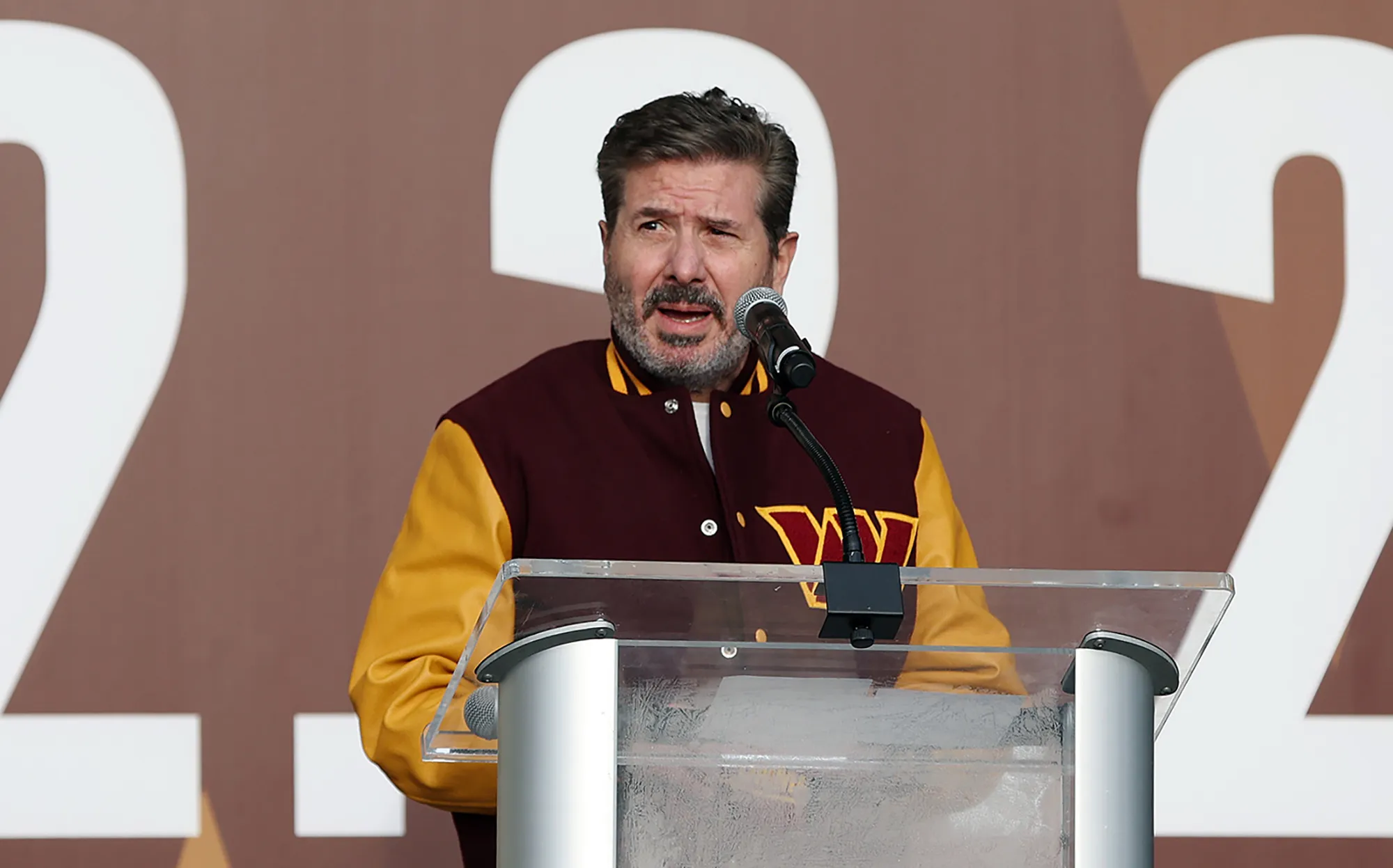 Dan Snyder speaks during the announcement of the Washington Football Team's name change to the Washington Commanders in Landover, Maryland on Feb. 2.&nbsp;