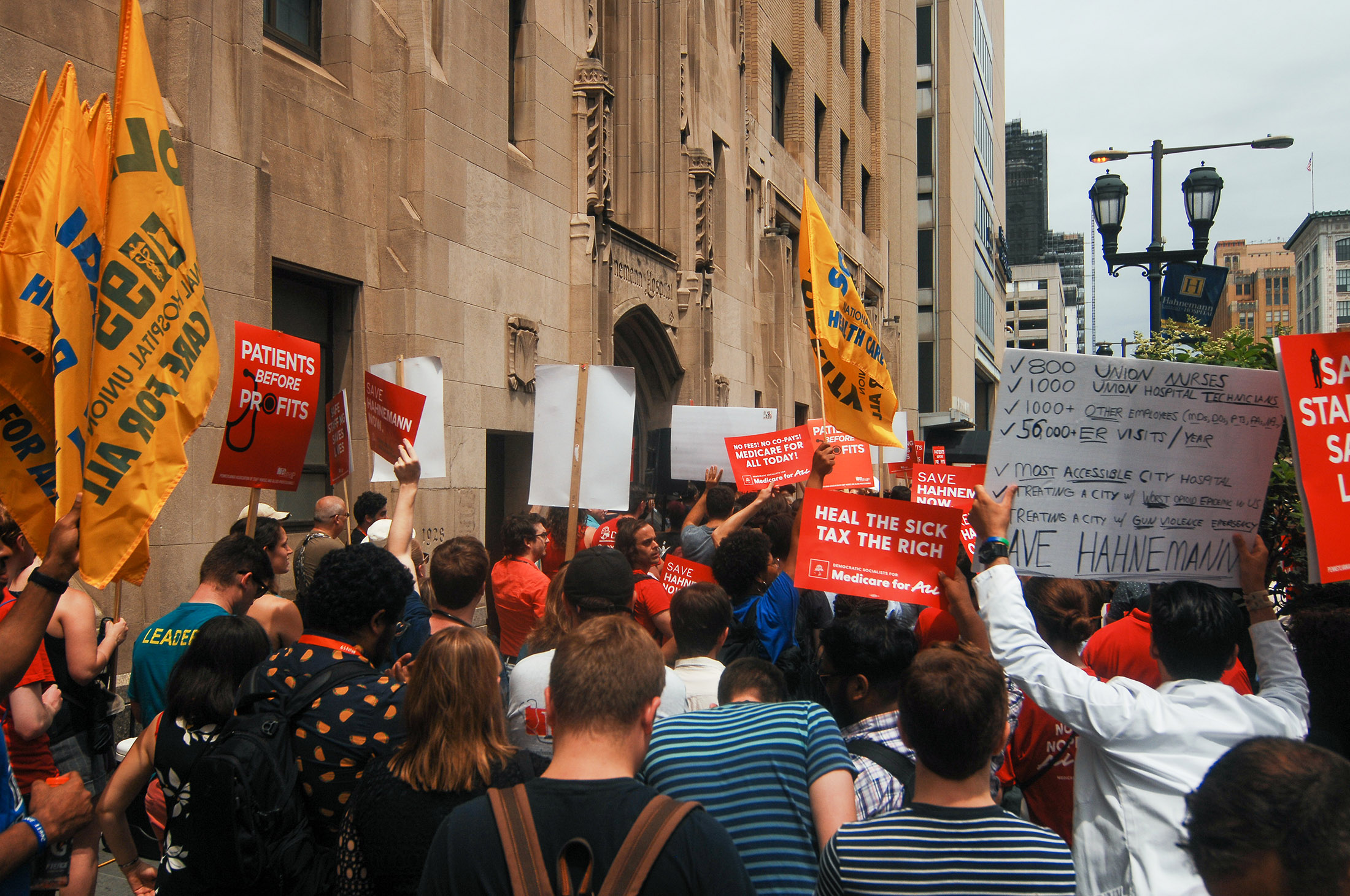 Demonstrators gathered in front of Hahnemann University Hospital to protest its closure and sale on July 11, 2019.