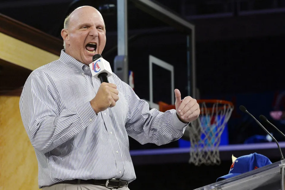 Ballmer speaking to fans as he was introduced as the new owner of the Los Angeles Clippers in 2014.