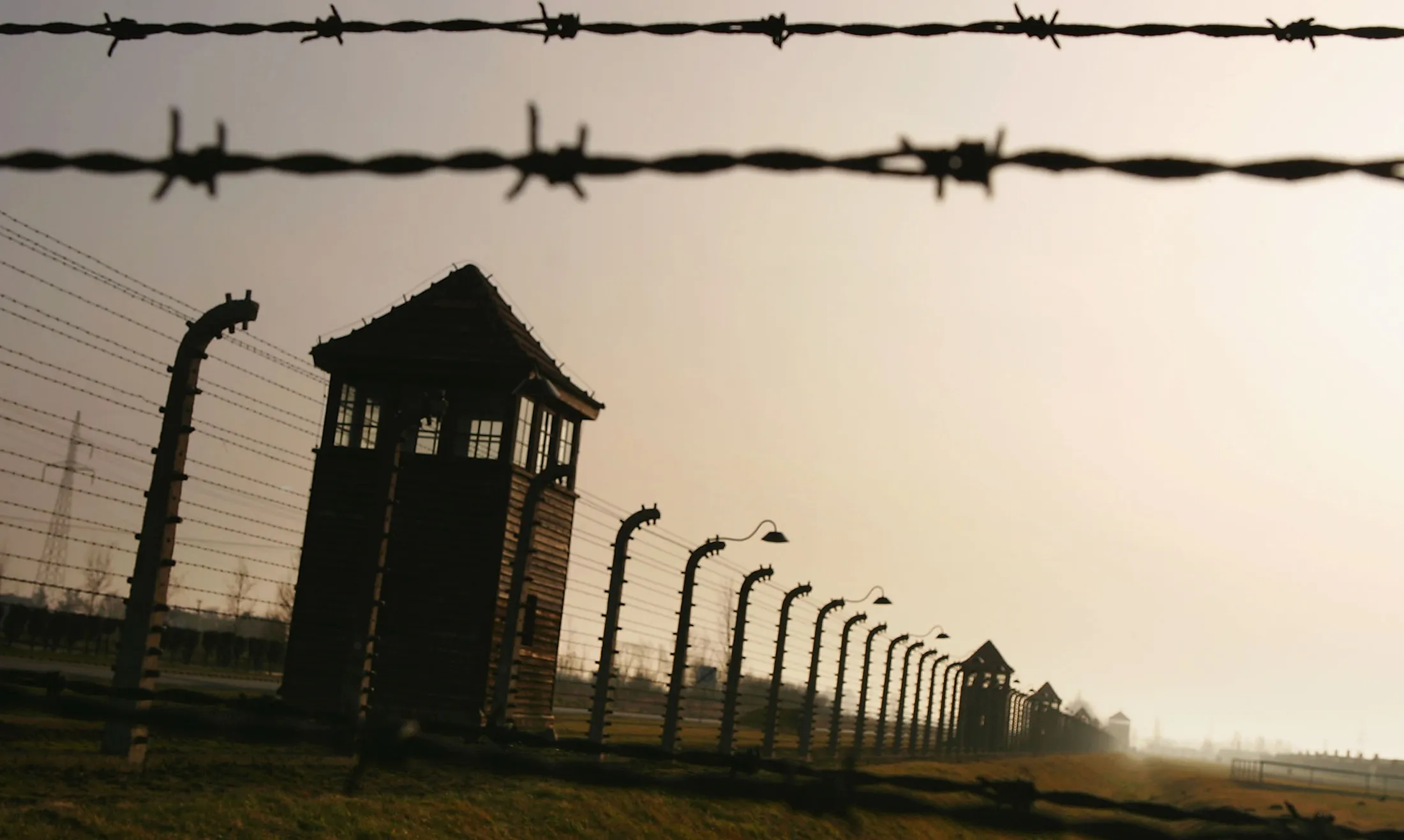 Watch towers surrounded by&nbsp;fences at Auschwitz II - Birkenau, in the village of Brzezinka, Poland.&nbsp;