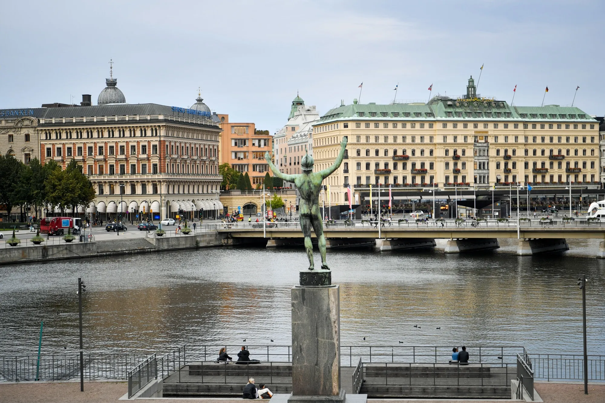 The Solsangaren sculpture stands in view the Svenska Handelsbanken AB headquarters in Stockholm.