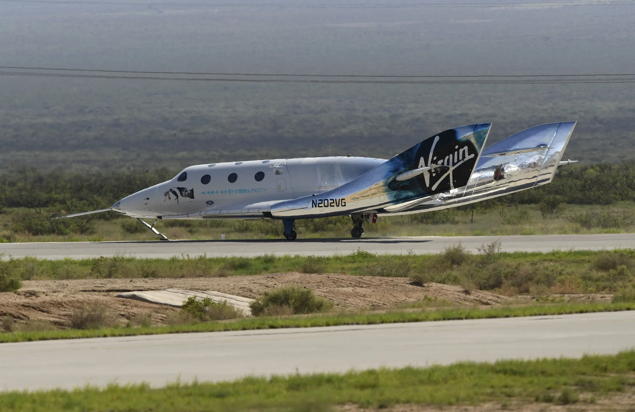 Virgin Galactic’s VSS Unity, with Richard Branson on board, after landing on July 11.