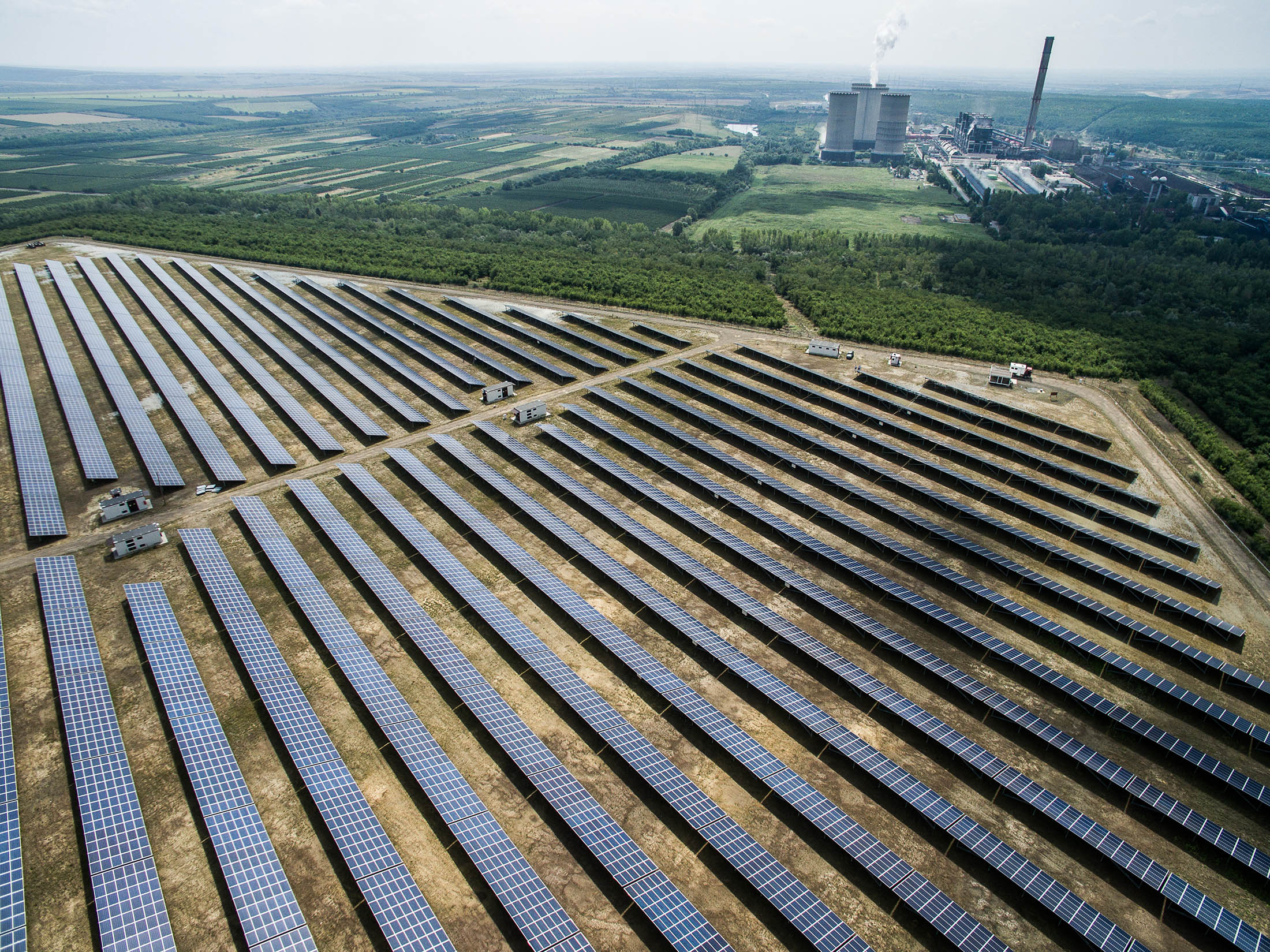 Photovoltaic solar panels sit in an array at the 16-megawatt Visonta solar power station.
