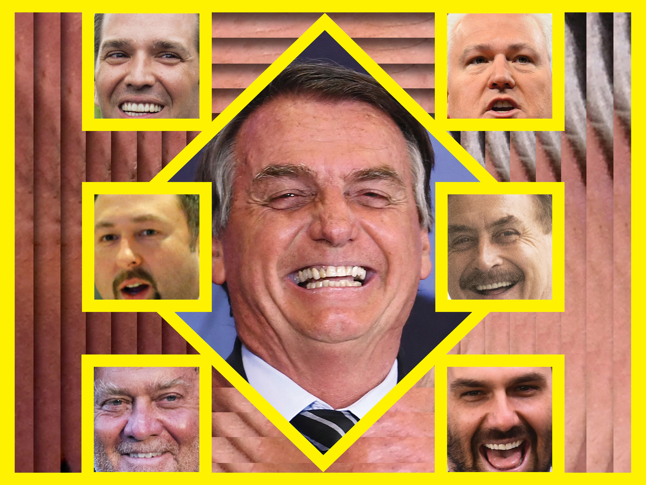 (Clockwise from top left) The Trump-Bolsonaro Friendship Society: Donald Trump Jr., Matt Schlapp, Mike Lindell, Eduardo Bolsonaro, Steve Bannon, Jason Miller, and (center) Jair Bolsonaro.&nbsp;
