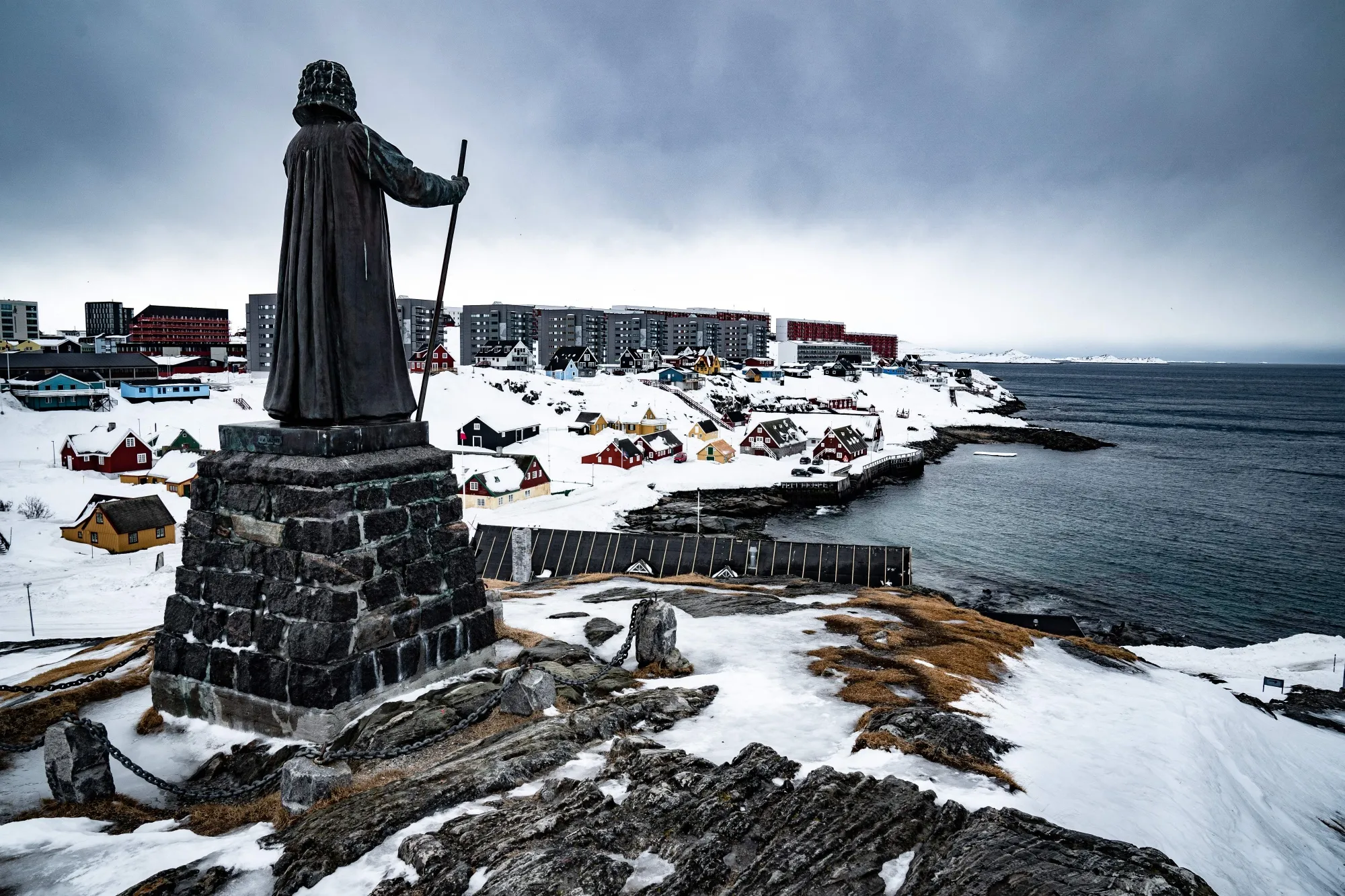 A statue of the Danish-Norwegian Lutheran missionary Hans Egede overlooks the Greenland capital Nuuk.