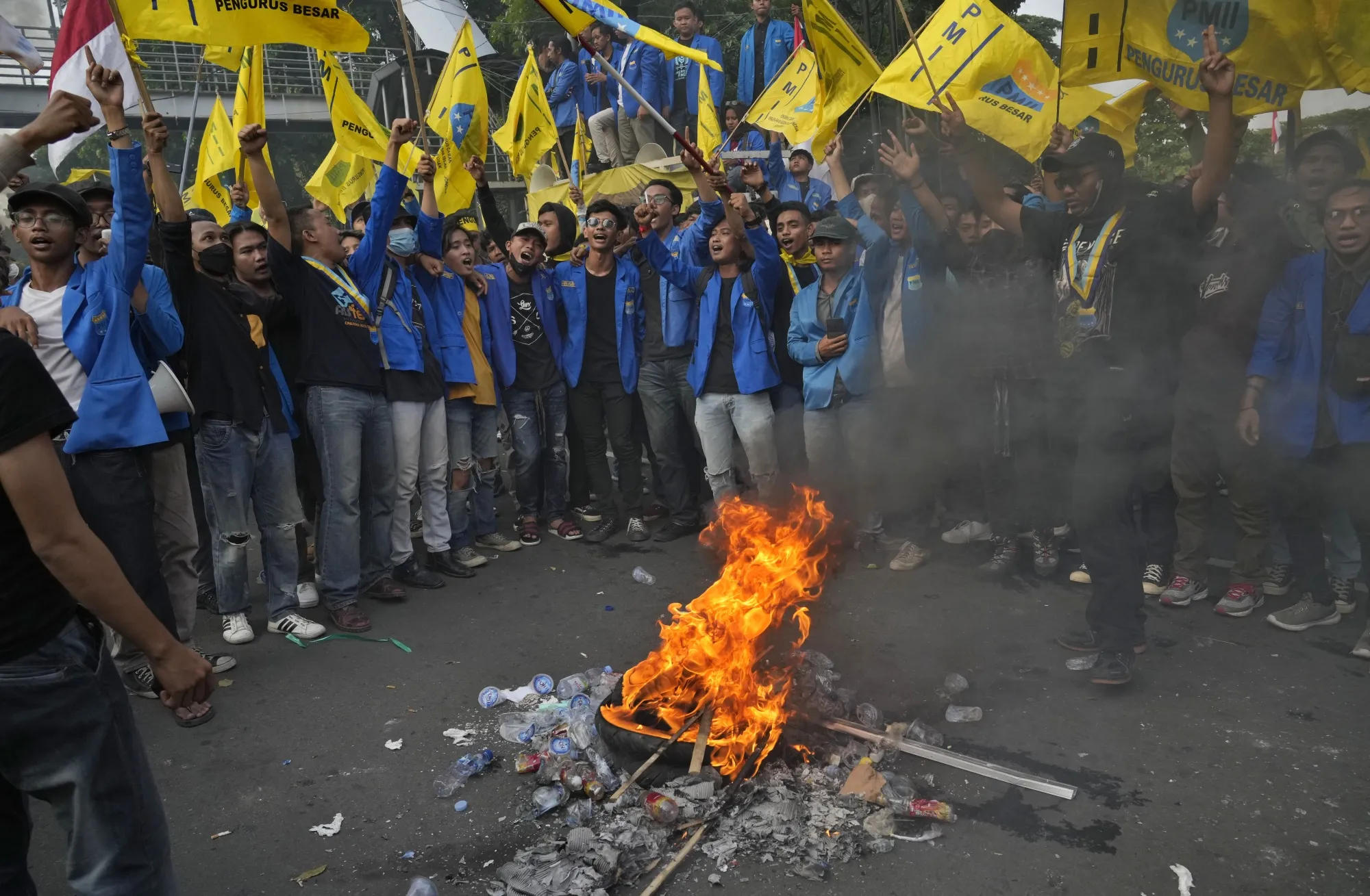 Students rally against fuel price hikes in Jakarta.