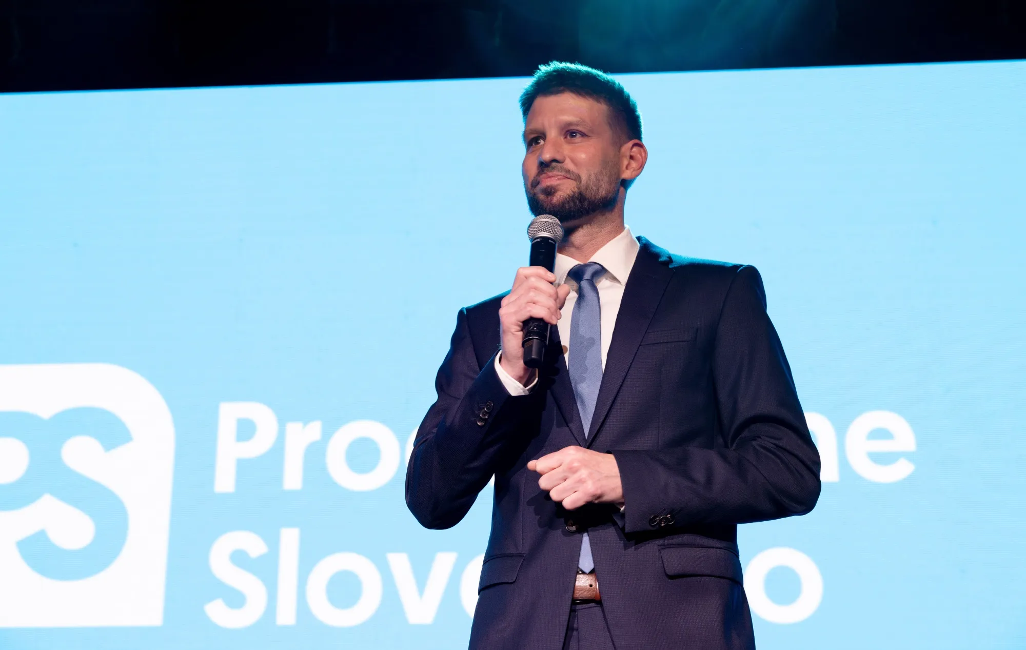 Michal Simecka speaks at a rally following the election in Bratislava, Slovakia, on Sept. 30.